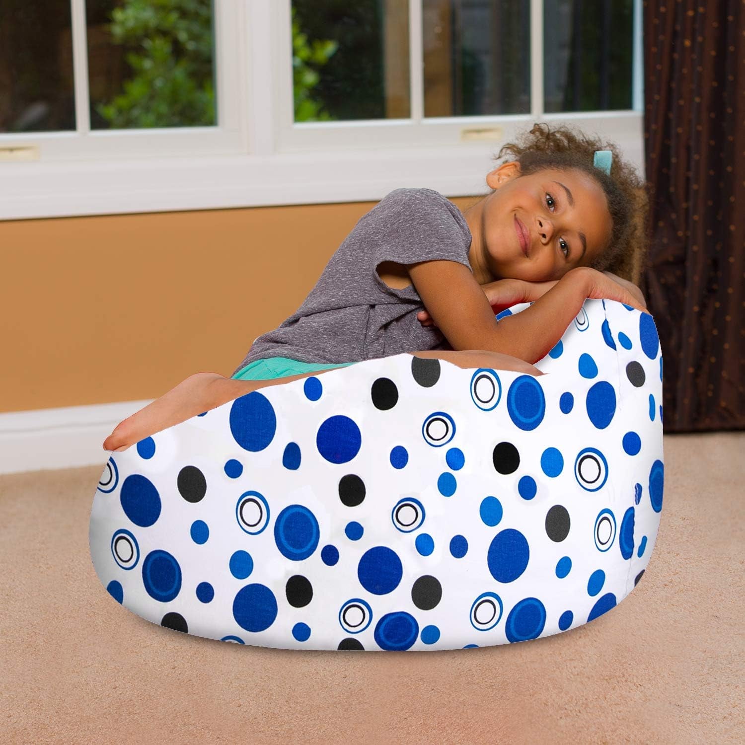 Bean Bag Chair for Kids, Teens, and Adults Includes Removable and Machine Washable Cover, Canvas Bubbles Blue and White, 27In - Medium
