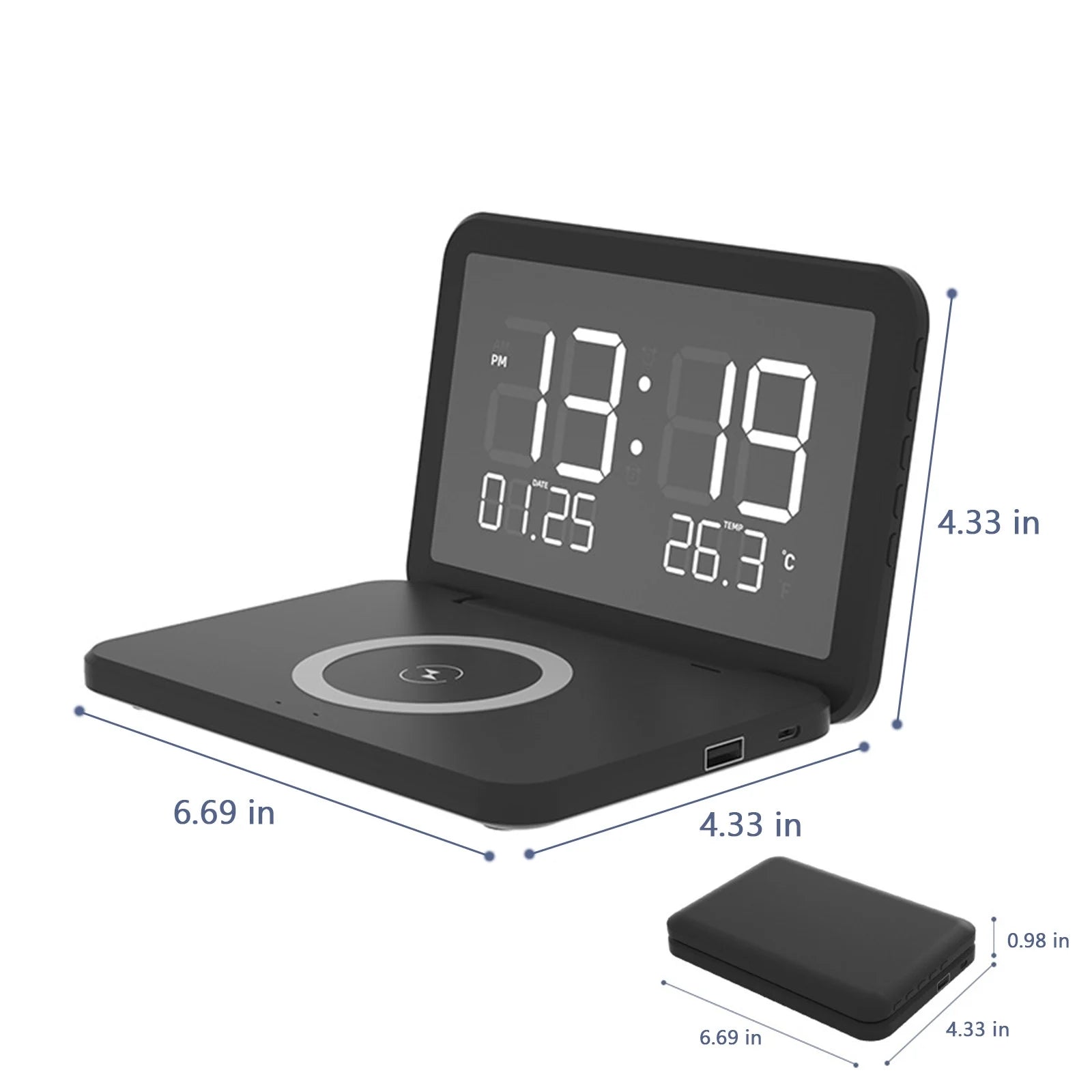 2023 Promotion on Sale, Digital Alarm Clock,Mirror Surface LED Electronic Clocks,With U Charger,Temperature Display,Wireless Charging, Ustom Brightness,For Office Table Bedroom Night