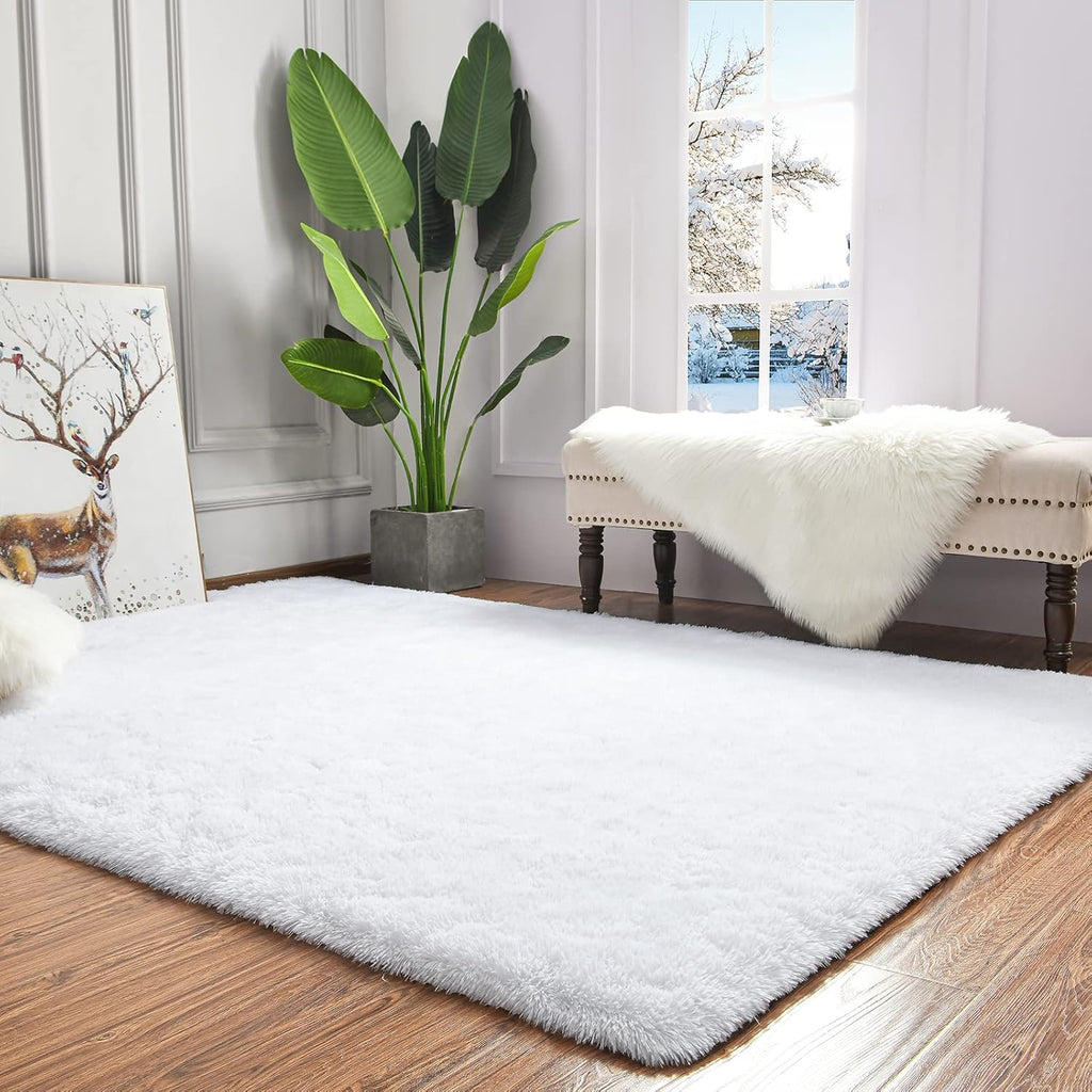 Fluffy Shag Bedroom Rug, 5X8 Feet White Area Rugs for Living Room Nursery Bedside, Fuzzy Plush Dorm Rug for Girls Kids, Furry Carpet for Indoor Modern Soft Home Decor