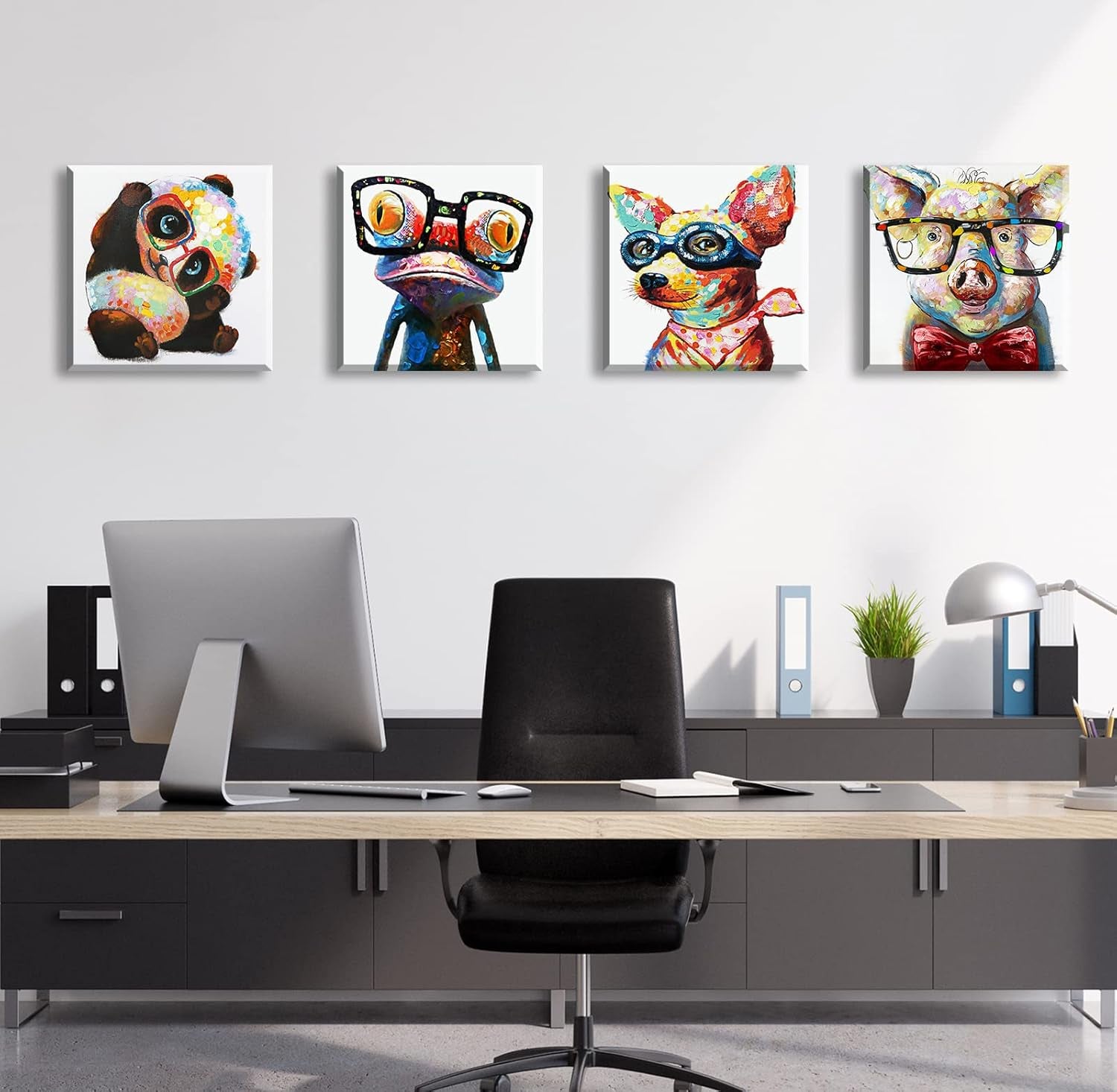 Colorful Cartoon Animal Wall Art Canvas Print Funny Cute Panda Frog Pig Pictures for Kids Bedroom Nursery Decor Artwork Framed 12''X12''X4