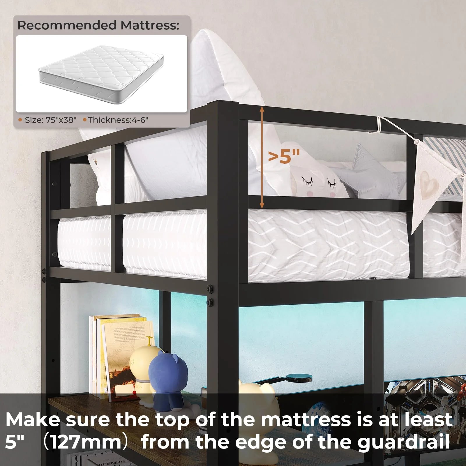 Twin Metal Loft Bed Frame with L-Shaped Desk&Led Lights&Charging Station, Black LED Loft Bed with 3 Storage Shelves&Drawers, No Box Spring Needed