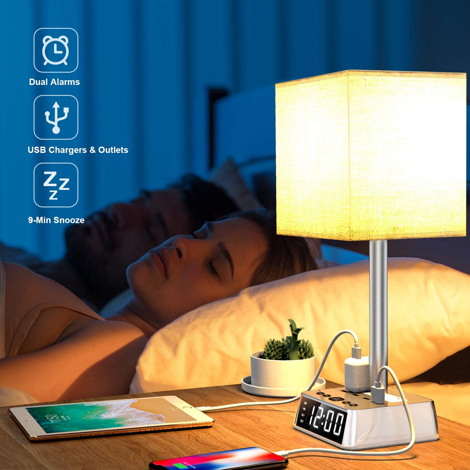 Table Lamp, 4 USB Ports &amp; AC Power Outlets, Alarm Clock DC-THE CEO