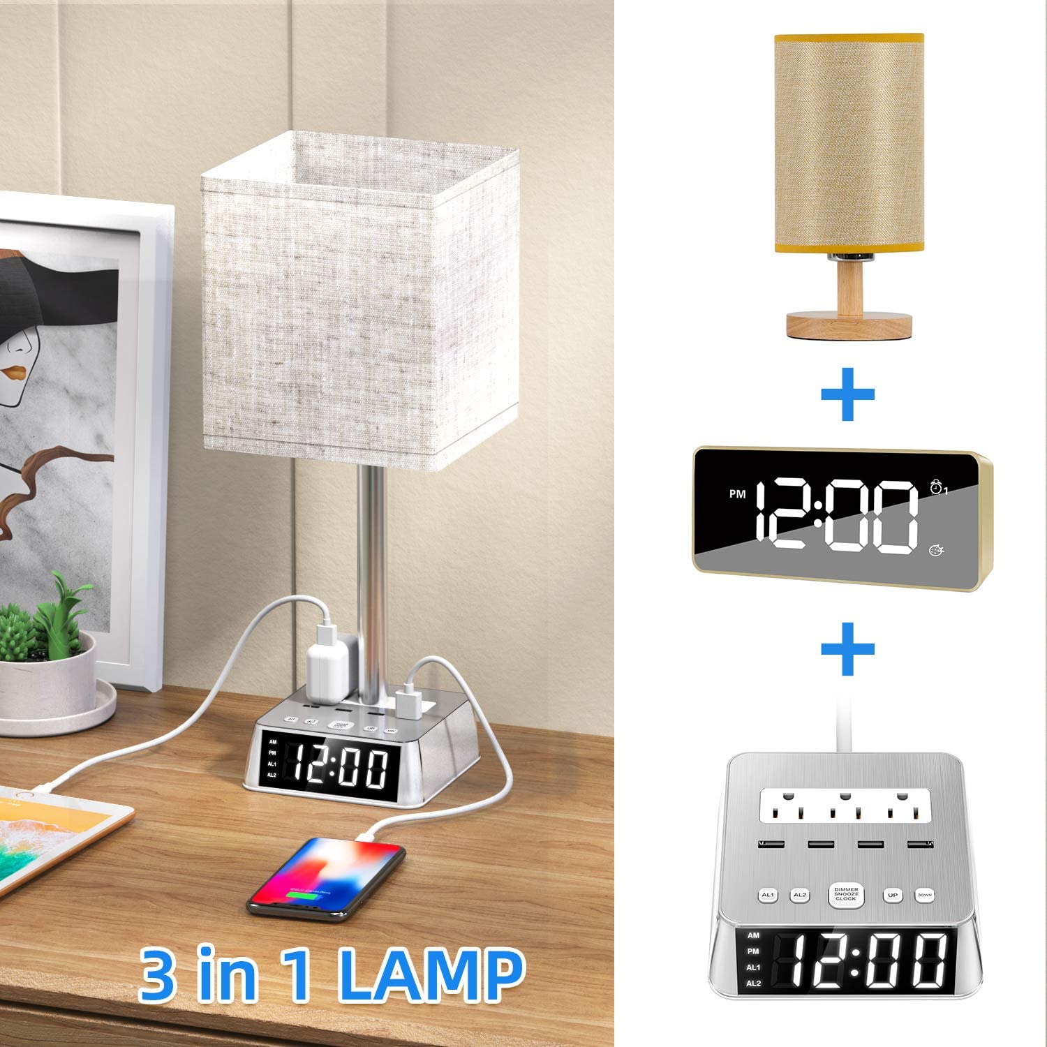 Table Lamp, 4 USB Ports &amp; AC Power Outlets, Alarm Clock DC-THE CEO