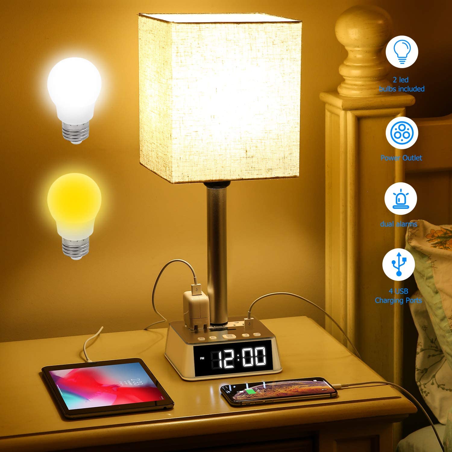 Table Lamp, 4 USB Ports &amp; AC Power Outlets, Alarm Clock DC-THE CEO