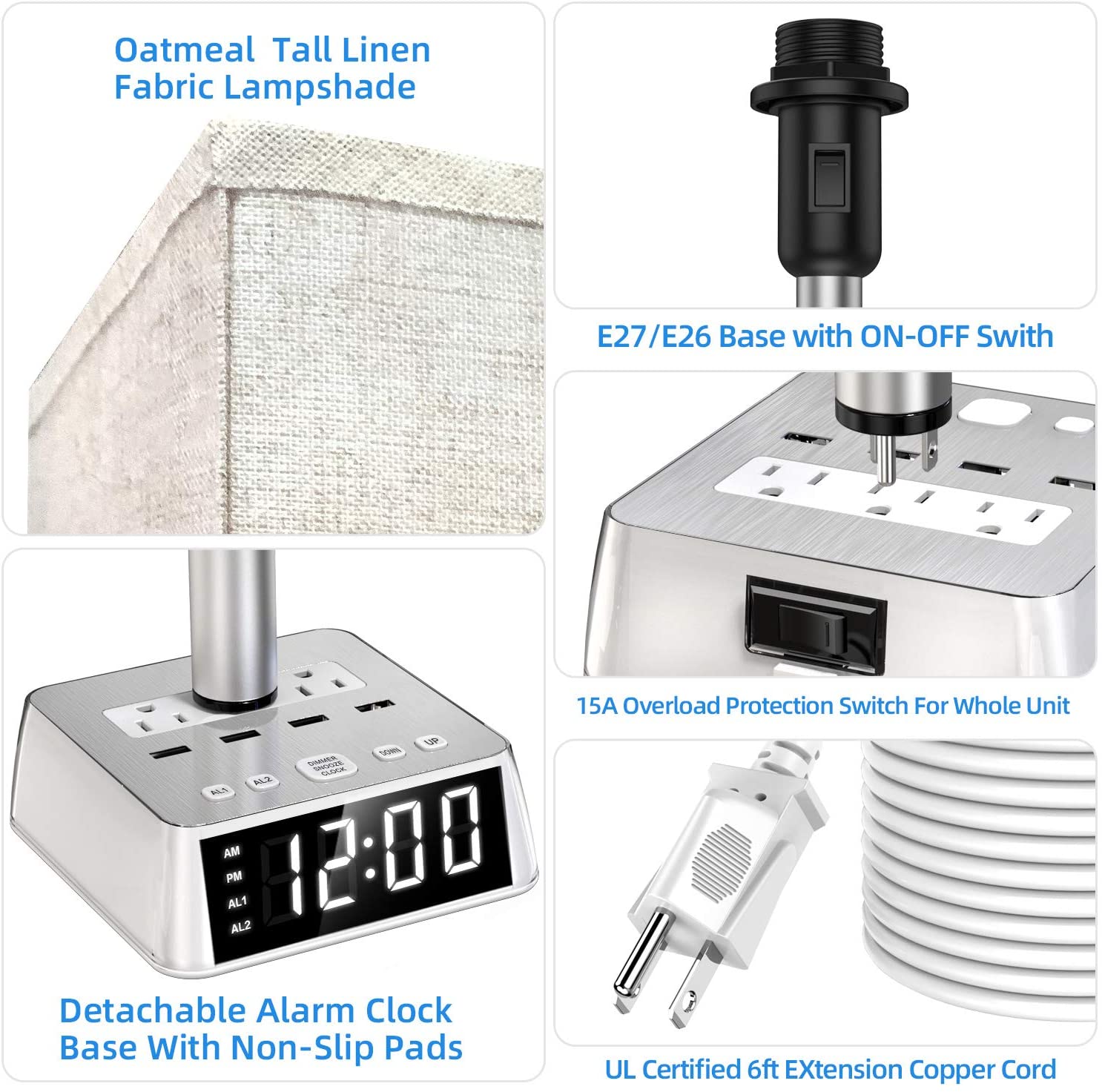 Table Lamp, 4 USB Ports &amp; AC Power Outlets, Alarm Clock DC-THE CEO