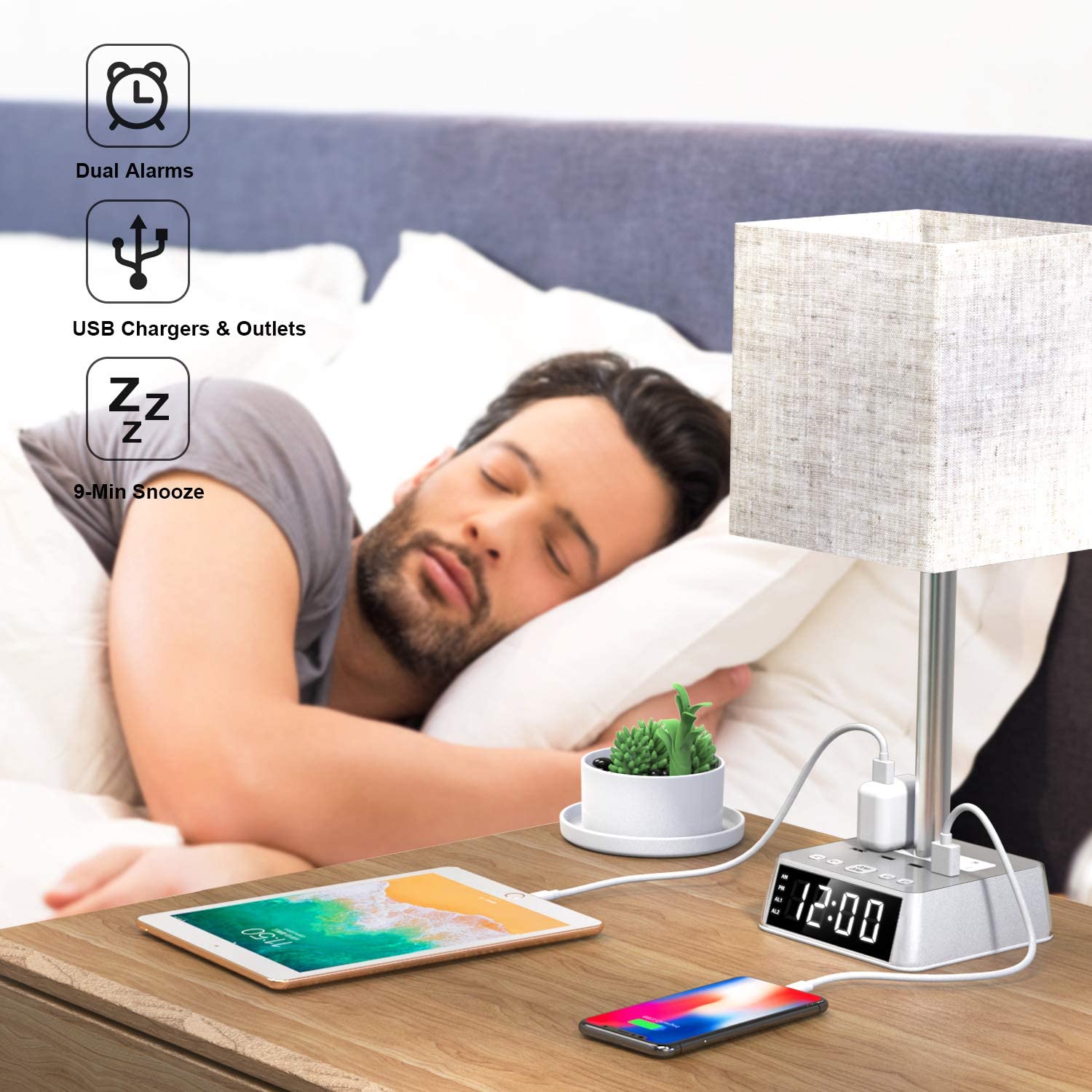 Table Lamp, 4 USB Ports &amp; AC Power Outlets, Alarm Clock DC-THE CEO
