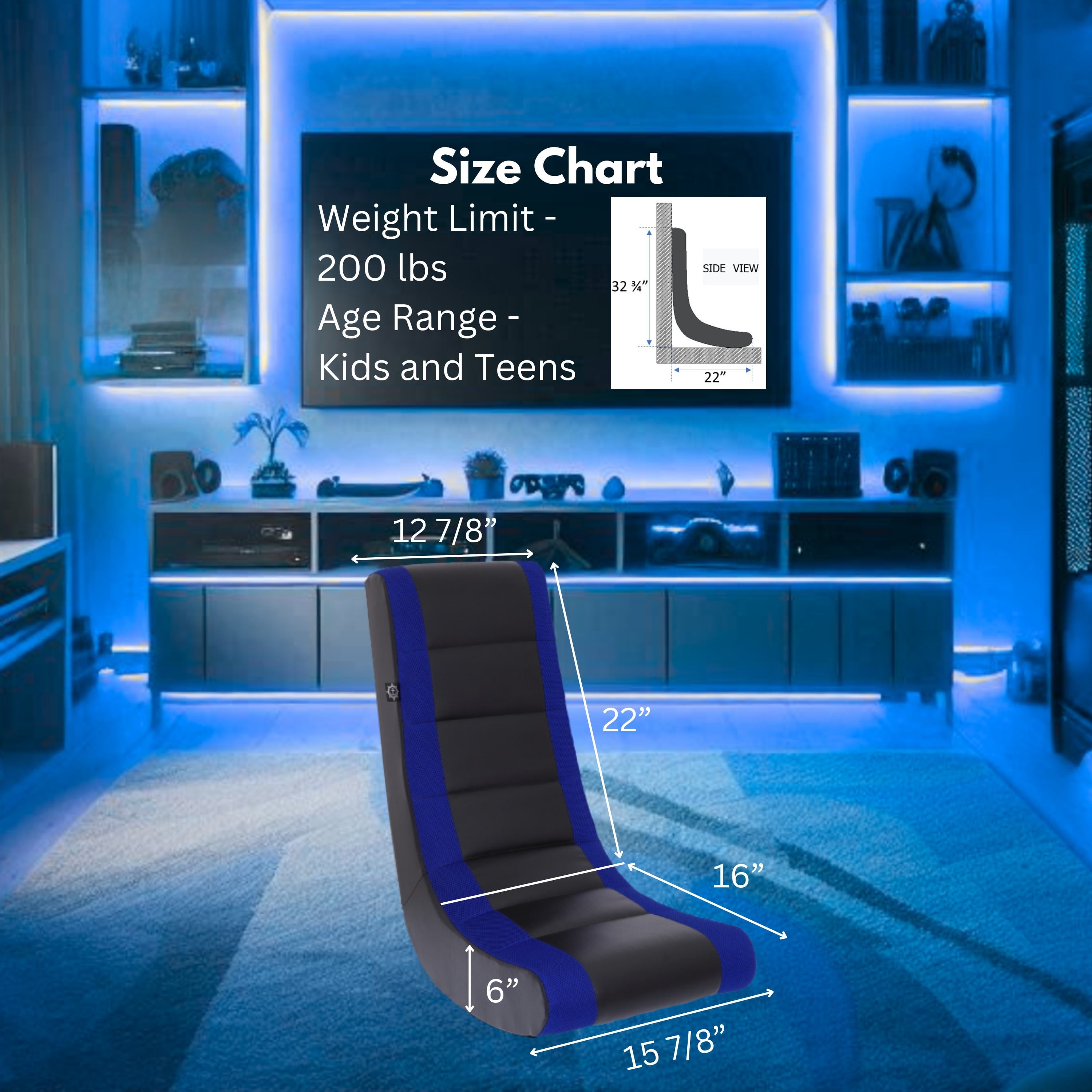 Classic Video Rocker Floor Gaming Chair, Kids and Teens, PU Faux Leather & Polyester Mesh, Black/Blue