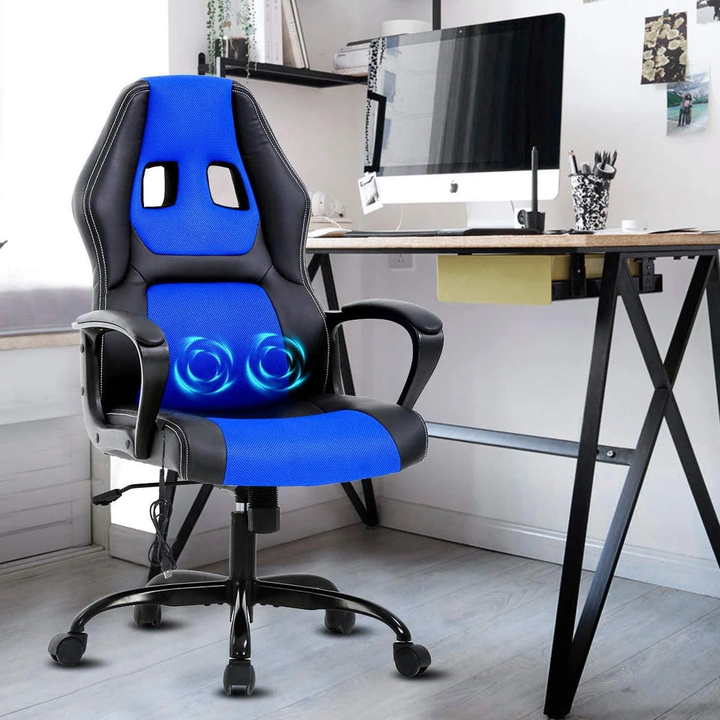 Ergonomic Gaming Chair Massage Computer Desk Chair PU Leather Office Chair Rolling Swivel Racing Chair with 360° Rolling Wheels & Lumbar Support for Teens, Blue