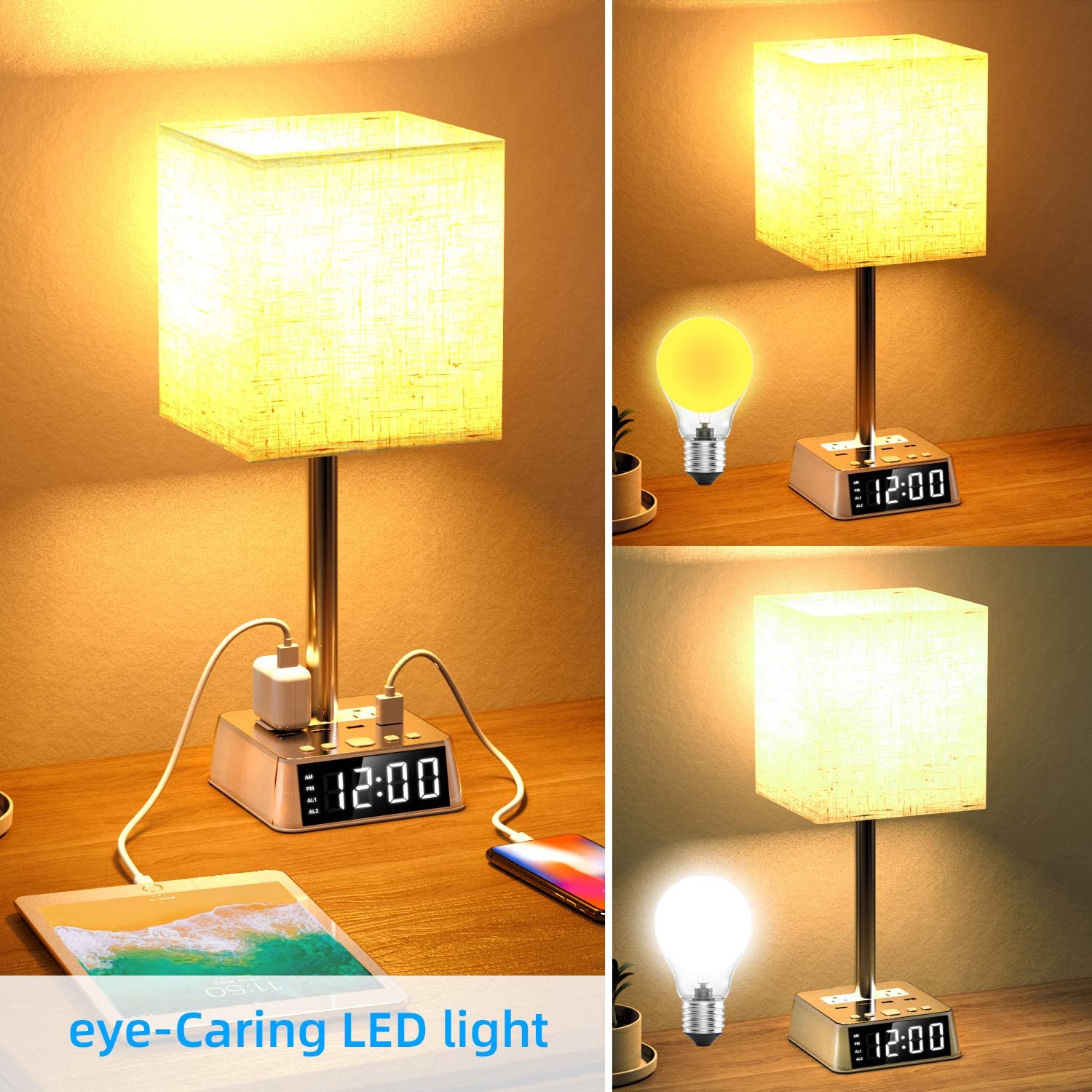 Table Lamp, 4 USB Ports &amp; AC Power Outlets, Alarm Clock DC-THE CEO