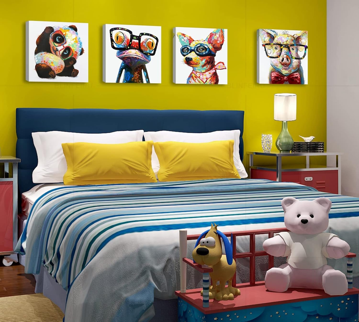Colorful Cartoon Animal Wall Art Canvas Print Funny Cute Panda Frog Pig Pictures for Kids Bedroom Nursery Decor Artwork Framed 12''X12''X4