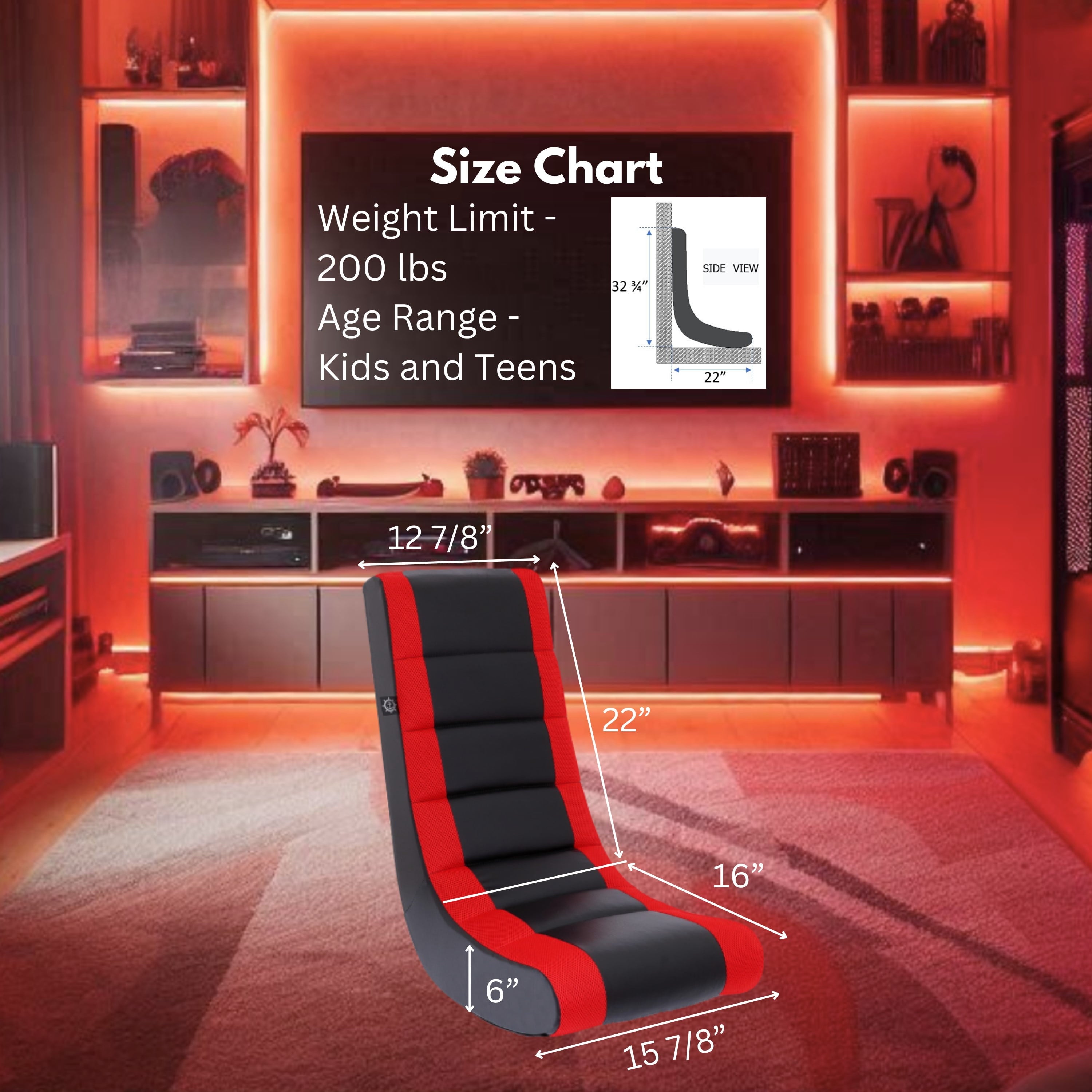 Classic Video Rocker Floor Gaming Chair, Kids and Teens, PU Faux Leather & Polyester Mesh, Black/Red