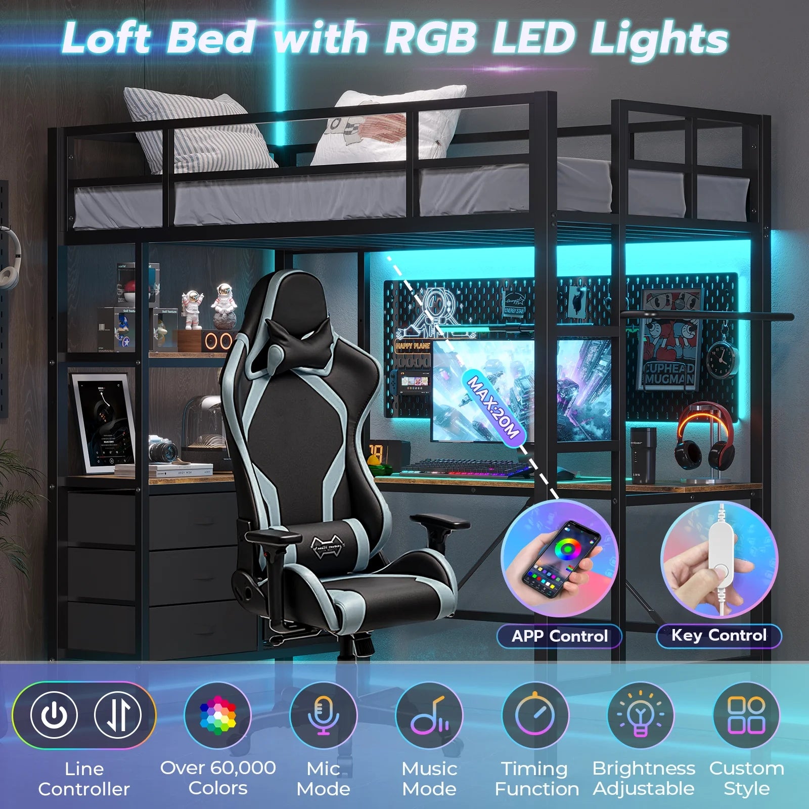 Twin Metal Loft Bed Frame with L-Shaped Desk&Led Lights&Charging Station, Black LED Loft Bed with 3 Storage Shelves&Drawers, No Box Spring Needed