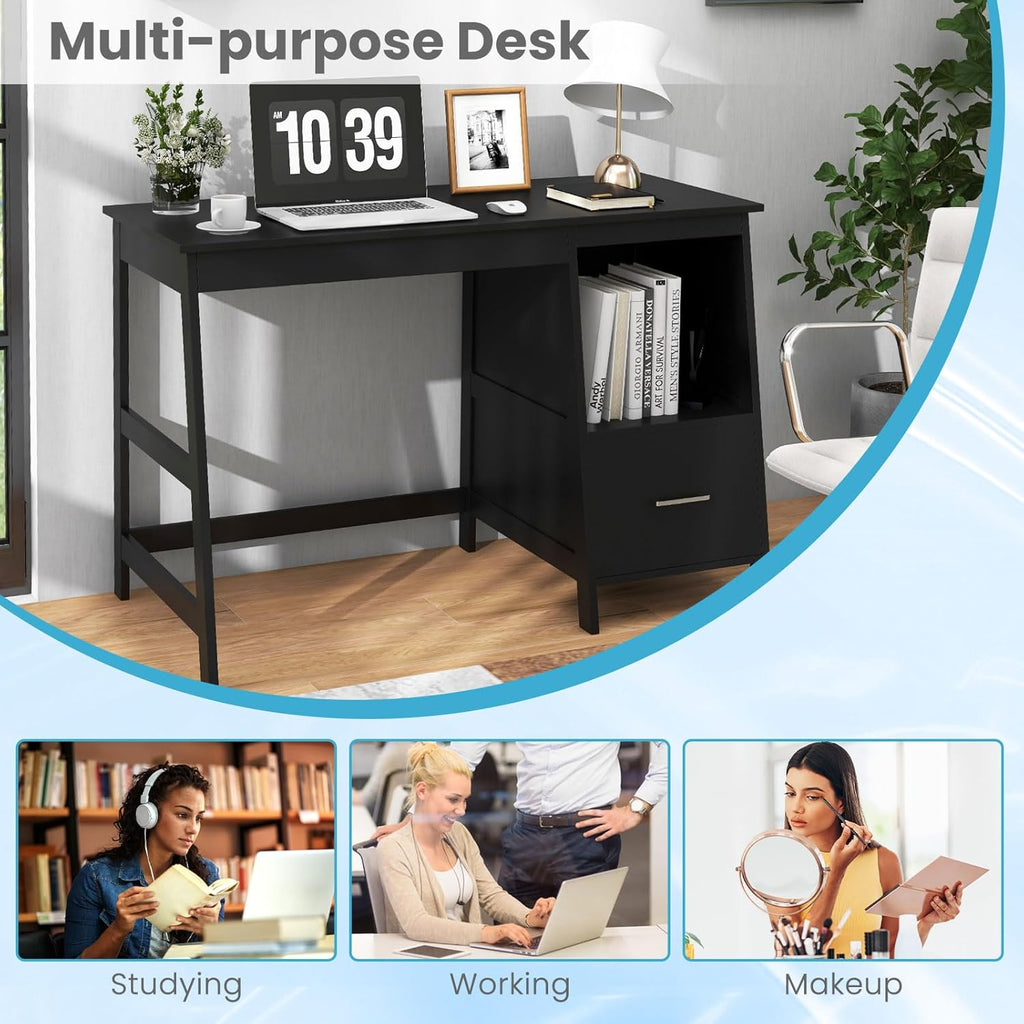 47.5” Computer Desk with 2 Storage Drawers, Small Computer Table Study Writing Desk, Modern Home Office Desk Study Desk with Storage Space (Black)