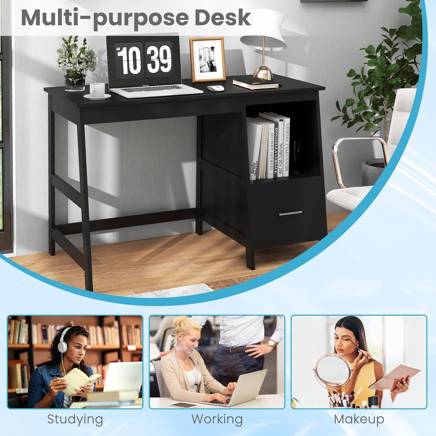 47.5” Computer Desk with 2 Storage Drawers, Small Computer Table Study Writing Desk, Modern Home Office Desk Study Desk with Storage Space (Black)
