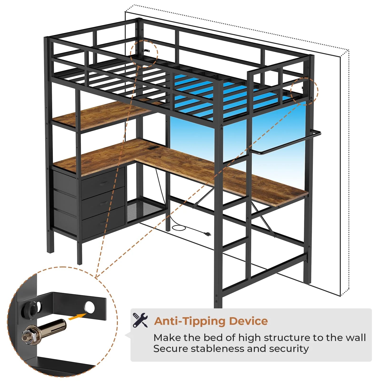 Twin Metal Loft Bed Frame with L-Shaped Desk&Led Lights&Charging Station, Black LED Loft Bed with 3 Storage Shelves&Drawers, No Box Spring Needed