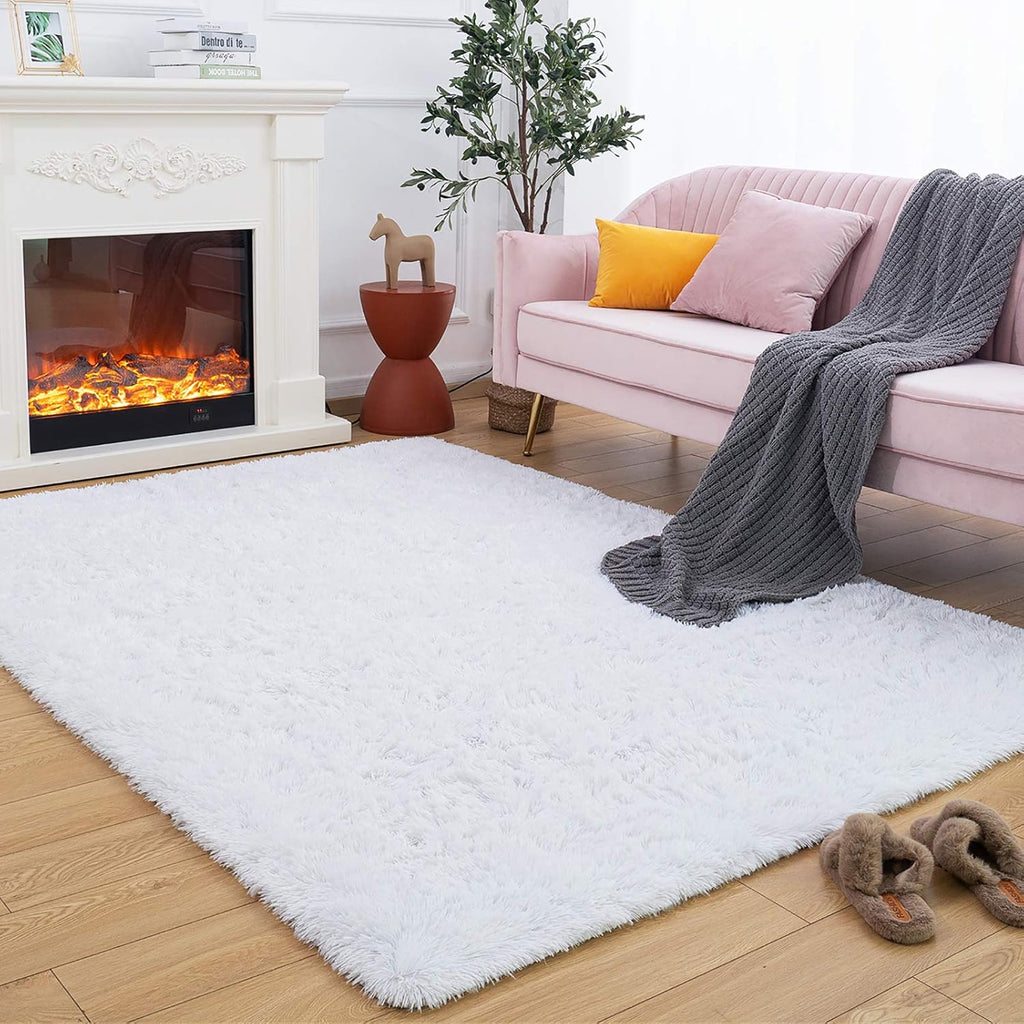 Fluffy Shag Bedroom Rug, 5X8 Feet White Area Rugs for Living Room Nursery Bedside, Fuzzy Plush Dorm Rug for Girls Kids, Furry Carpet for Indoor Modern Soft Home Decor