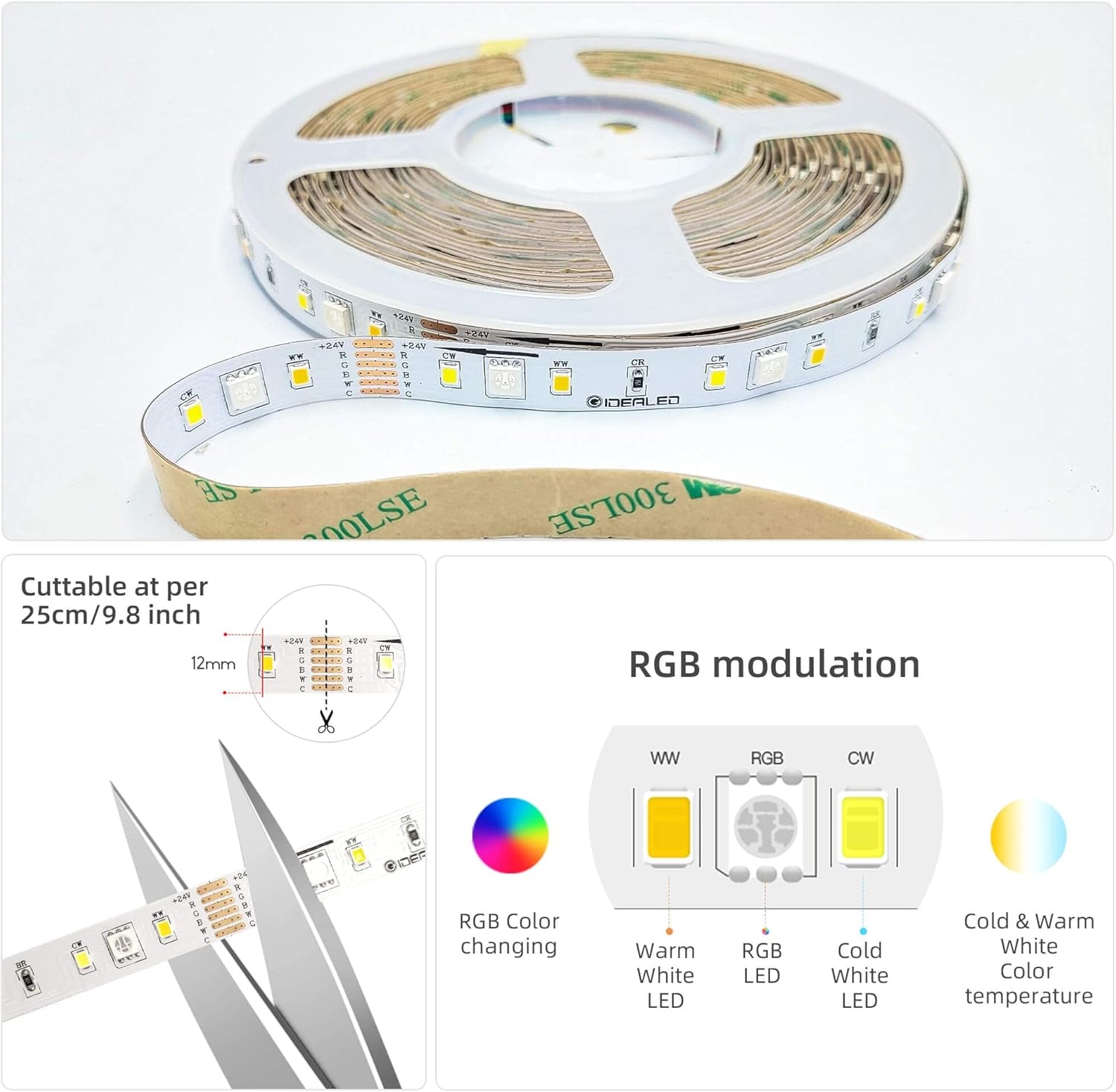 DC24V RGBWW LED Strip Lights 32.8Ft/Roll,Dimmable RGB Cold White Warm White(2700K-6000K) SMD5050 6 Wire Full Color Ambiance Daylight RGBWW Lightstrip Plus,Only 10M RGBCCT LED Lightstrip