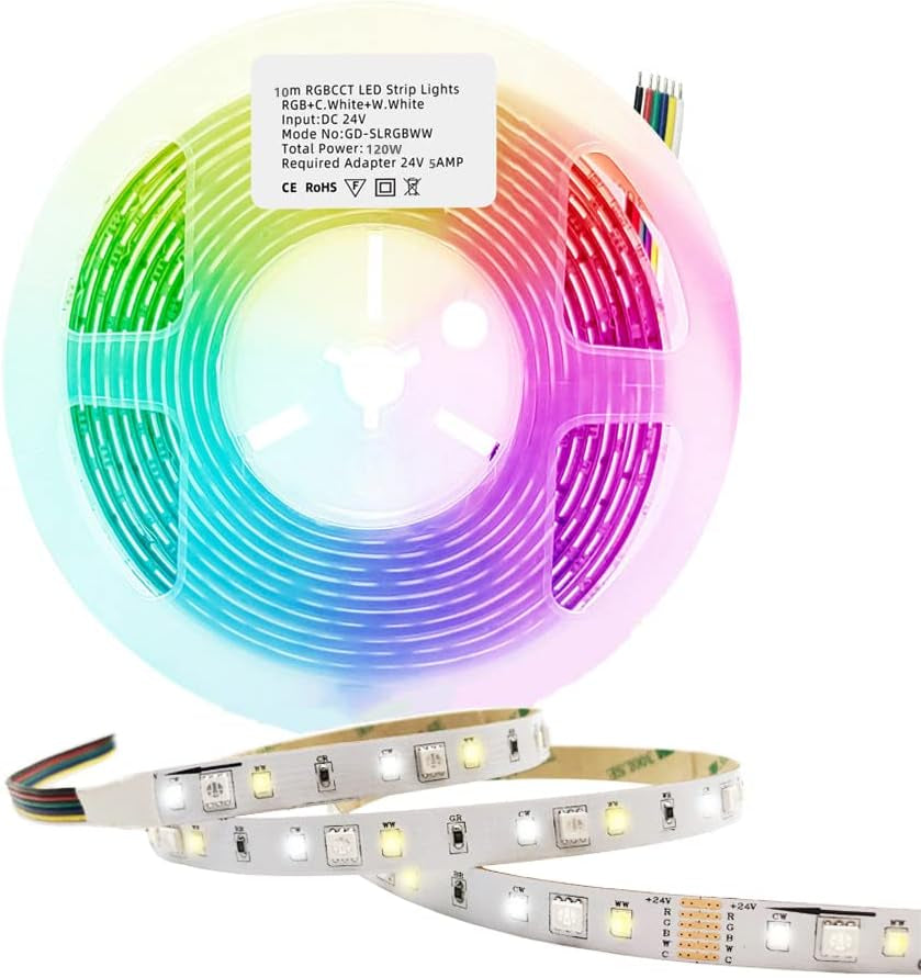 DC24V RGBWW LED Strip Lights 32.8Ft/Roll,Dimmable RGB Cold White Warm White(2700K-6000K) SMD5050 6 Wire Full Color Ambiance Daylight RGBWW Lightstrip Plus,Only 10M RGBCCT LED Lightstrip