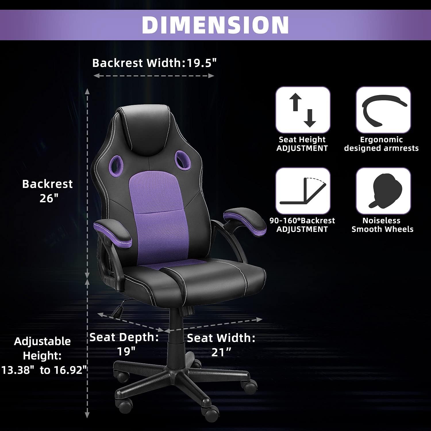 Gaming Office Chair, Ergonomic Cheap Gaming Chair, Computer Chair Video Game Chairs, Reclining Rolling Gaming Chairs for Adults, Teens and Gamer, Desk Office Chairs Clearance, Purple