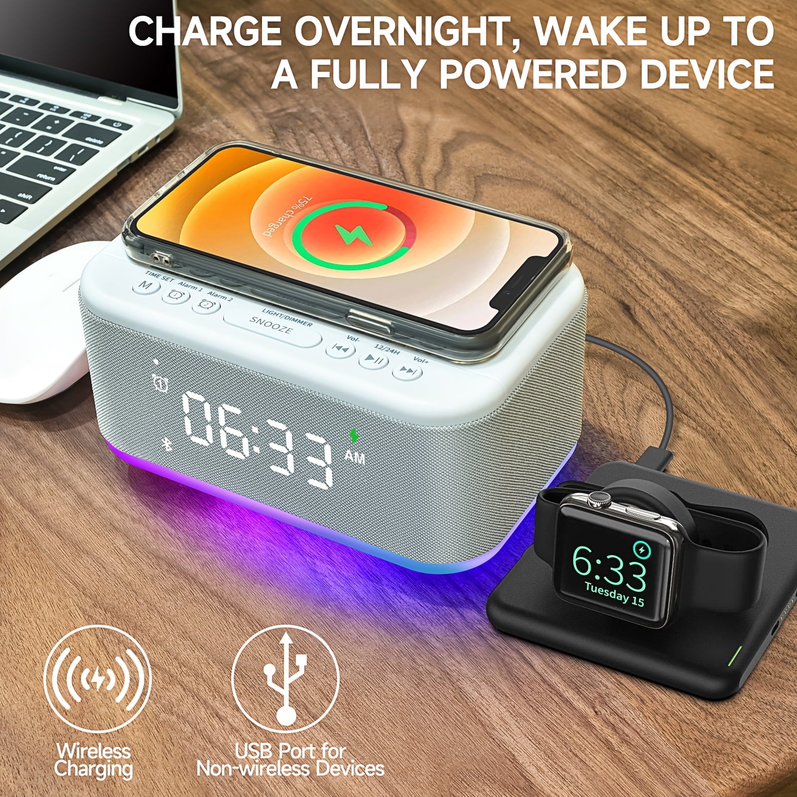 Tech Vibrating Alarm Clocks, Dimmable Digital Alarm Clocks Wireless Charger Bluetooth (Gray)