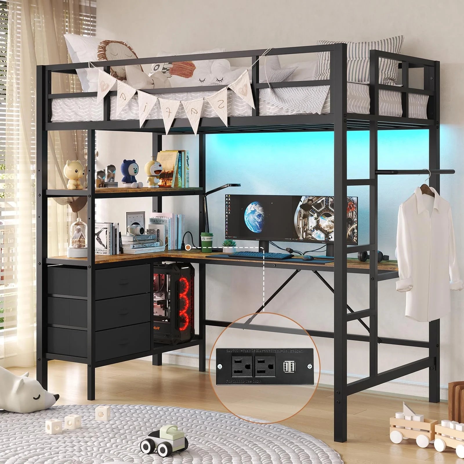 Twin Metal Loft Bed Frame with L-Shaped Desk&Led Lights&Charging Station, Black LED Loft Bed with 3 Storage Shelves&Drawers, No Box Spring Needed