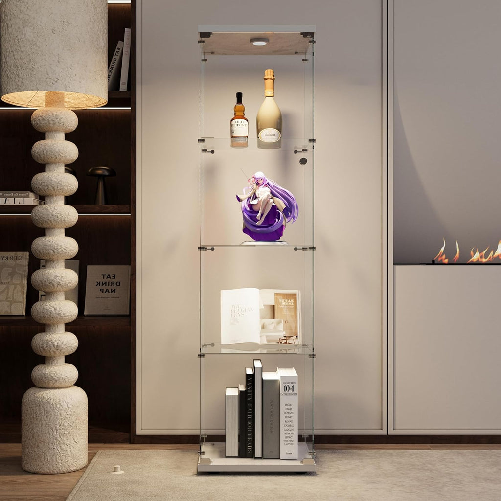 Glass Display Cabinet 4 Shelves with Light and Door, Easy to Install, Solid Tempered Glass, Floor Standing Curio Bookshelf for Living Room Bedroom Office (White)