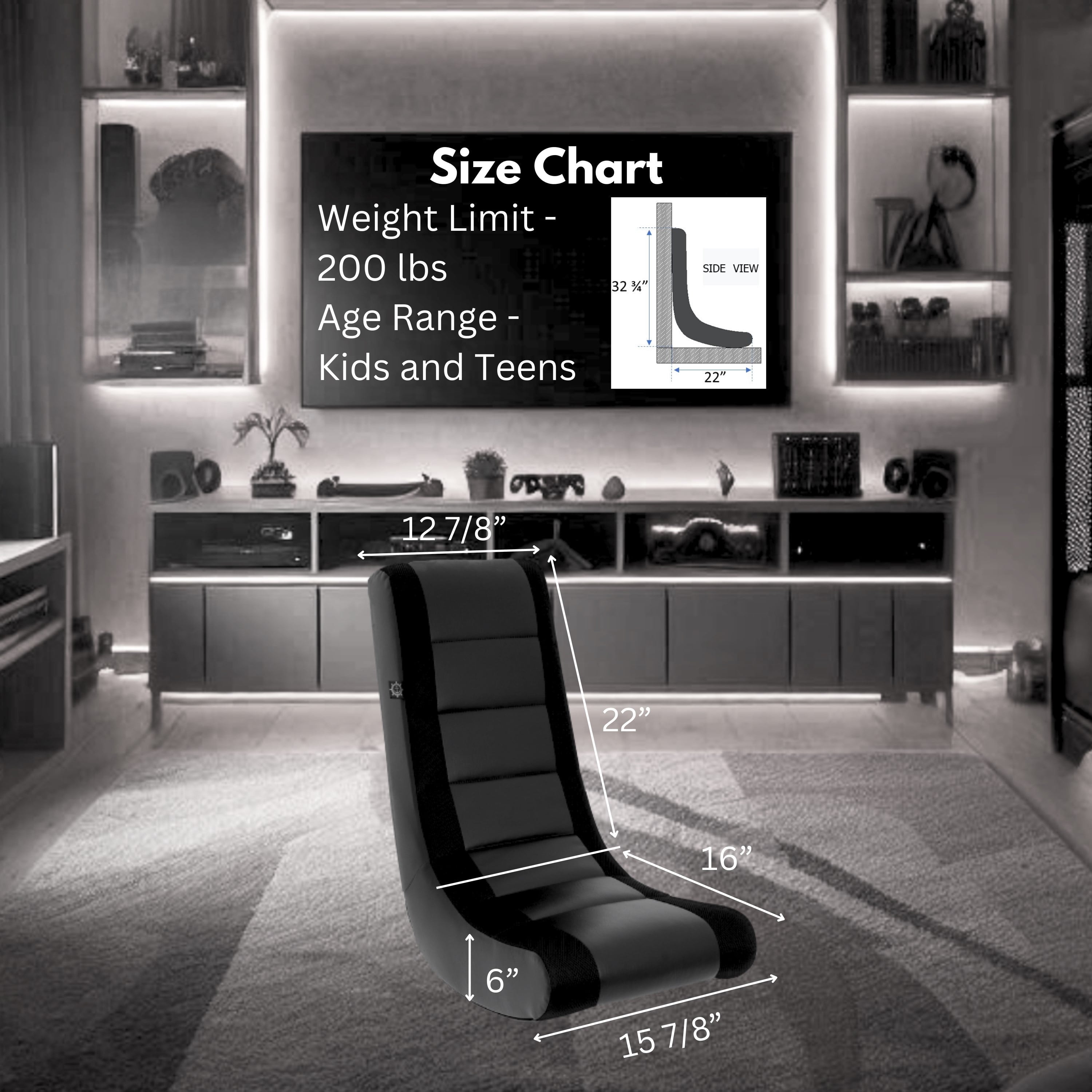 Classic Video Rocker Floor Gaming Chair, Kids and Teens, PU Faux Leather & Polyester Mesh, Black/Black
