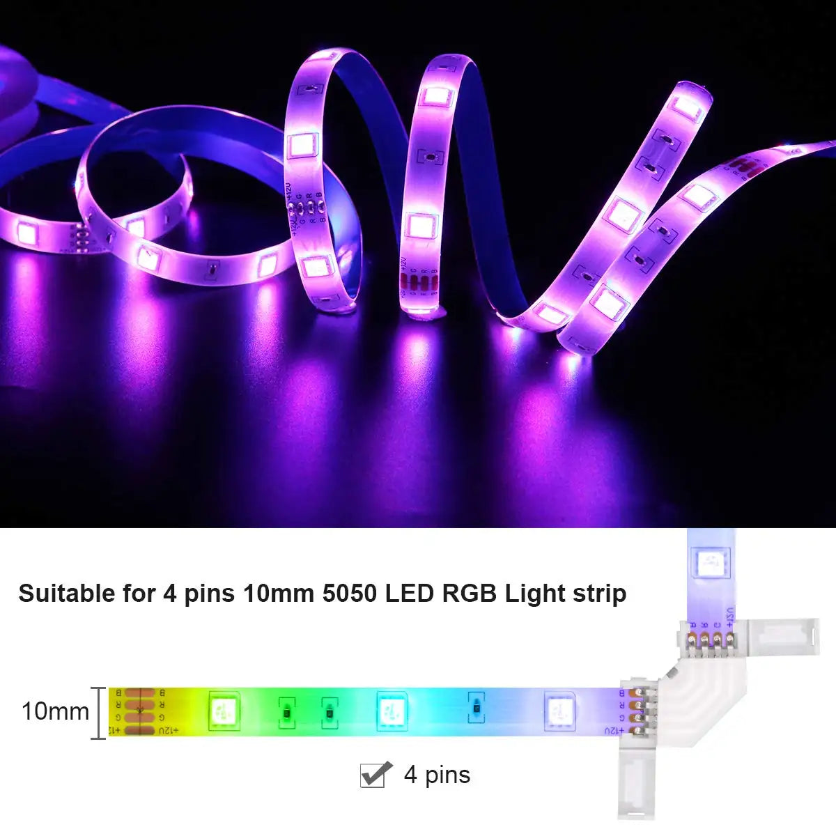 LED Corner RGB Connector 10Mm 4Pin L Shape IP20 LED Light Strip Solderless 90 Degree Right Angle for 5050 3528 Tape Light