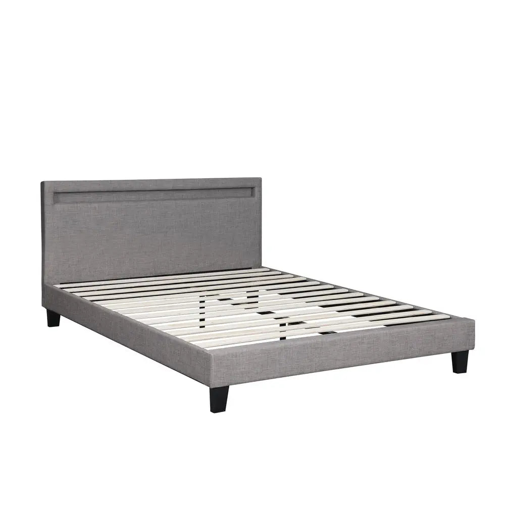 NNEED Bed Frame RGB LED Queen Size Wooden Grey Fabric-0