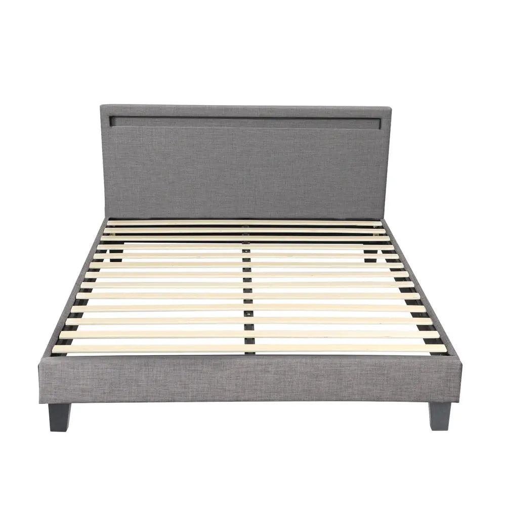NNEED Bed Frame RGB LED Queen Size Wooden Grey Fabric-2