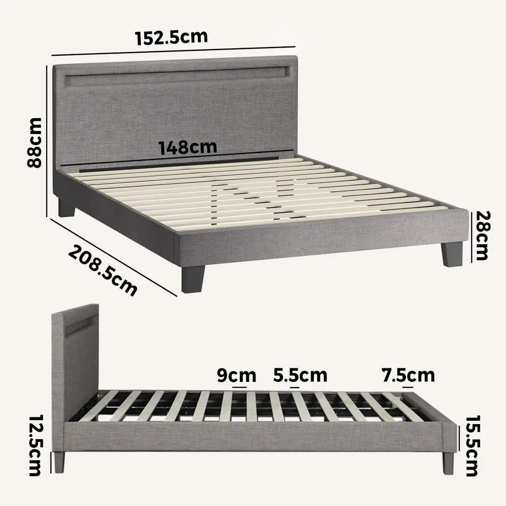 NNEED Bed Frame RGB LED Queen Size Wooden Grey Fabric-1