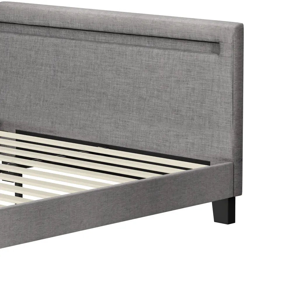 NNEED Bed Frame RGB LED Queen Size Wooden Grey Fabric-4
