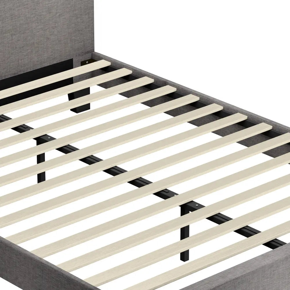 NNEED Bed Frame RGB LED Queen Size Wooden Grey Fabric-3