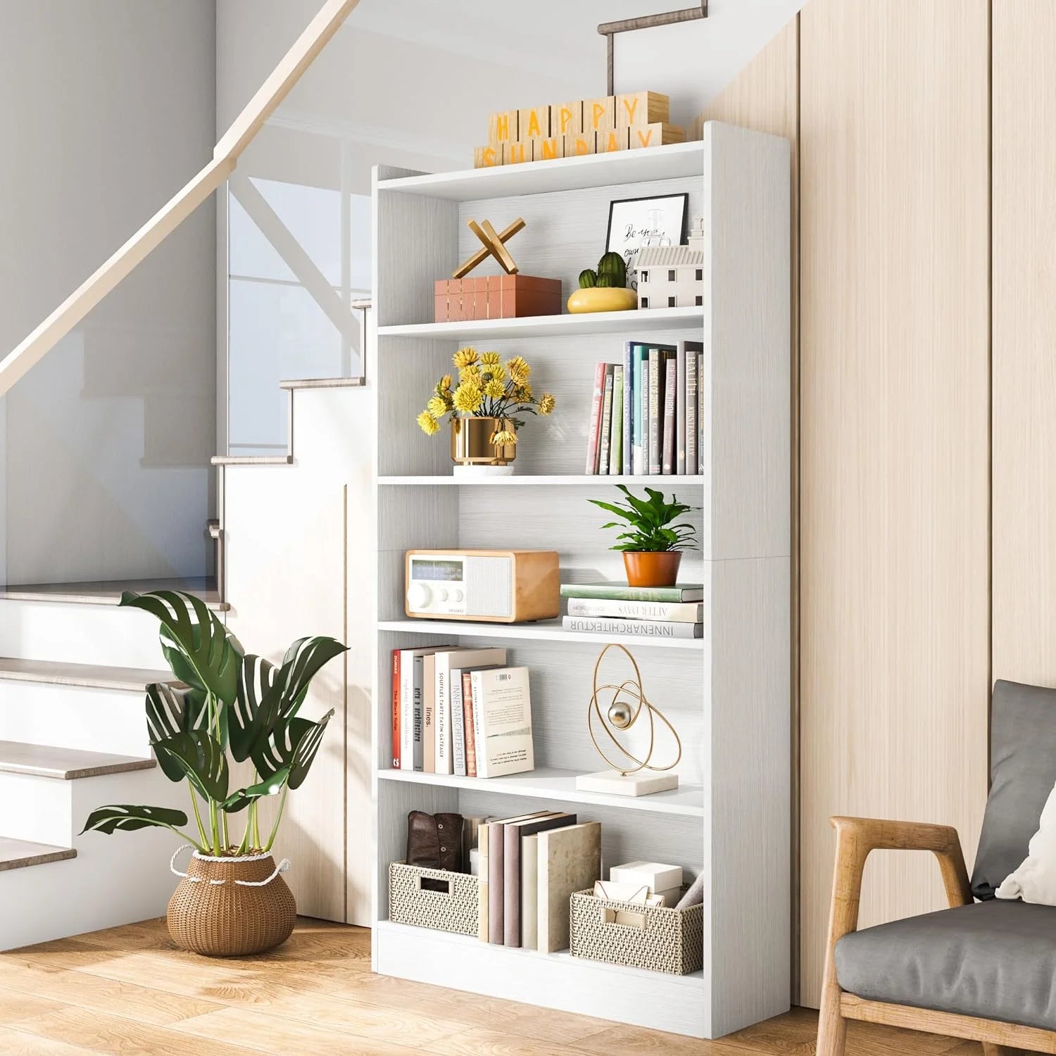 Modern 6-Tier White Library Bookshelf with Storage Shelves, 72" Tall Bookcase for Bedroom Living Room Office