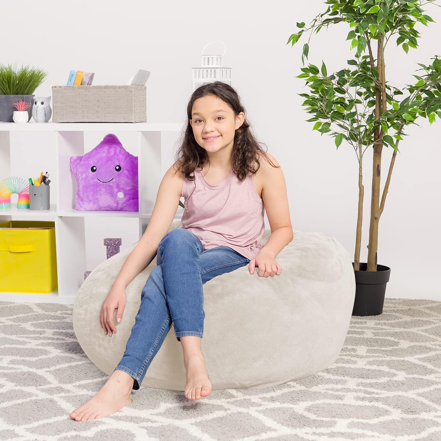 Bean Bag Chair for Kids, Teens, and Adults Includes Removable and Machine Washable Cover, Soft Faux Rabbit Fur - Cream, 38In - Large