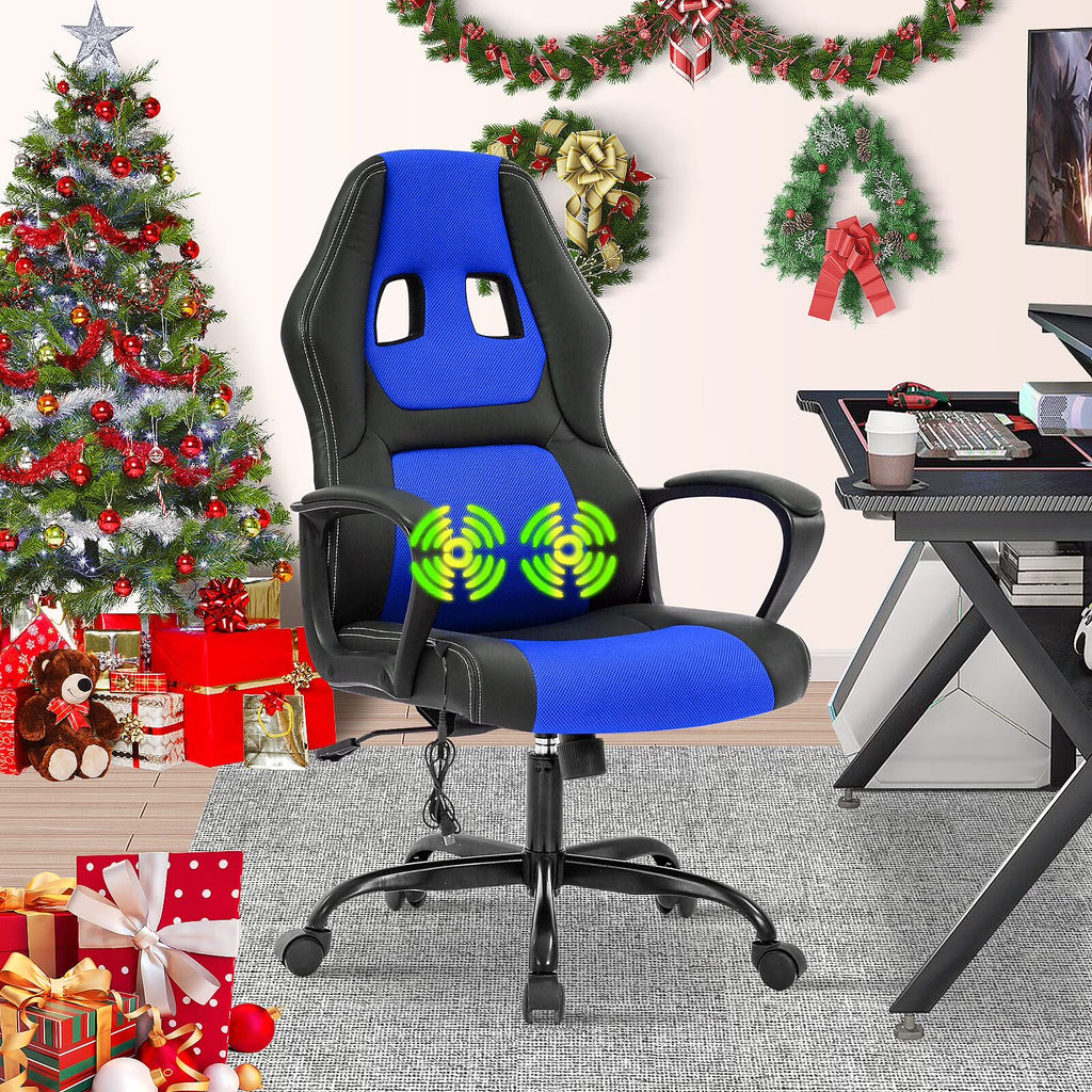 Ergonomic Gaming Chair Massage Computer Desk Chair PU Leather Office Chair Rolling Swivel Racing Chair with 360° Rolling Wheels & Lumbar Support for Teens, Blue