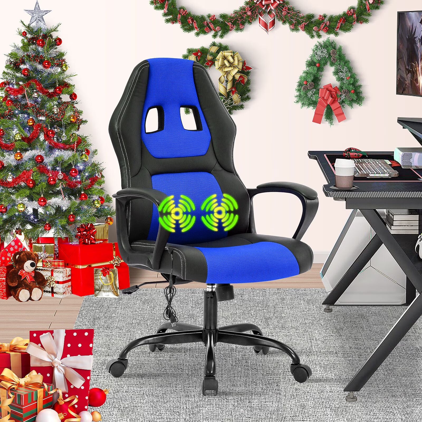 Ergonomic Gaming Chair Massage Computer Desk Chair PU Leather Office Chair Rolling Swivel Racing Chair with 360° Rolling Wheels & Lumbar Support for Teens, Blue