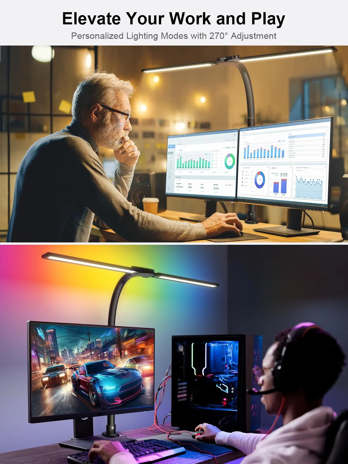 RGB Double Swing Arm Desk Lamp - 24W Ultra Bright Auto Dimming Desk Light, Multi-Angle Adjustment, Touch Control Desktop Lamp- Ideal for Home Office, Gaming, Reading, Work