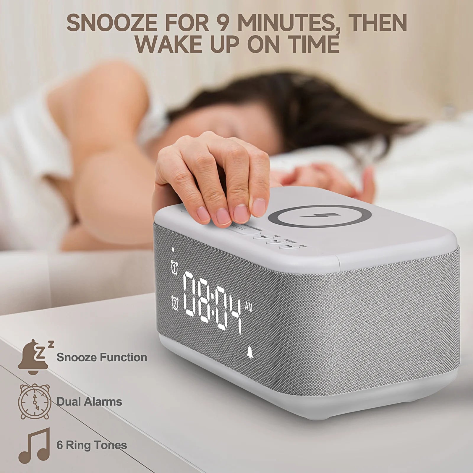 Tech Vibrating Alarm Clocks, Dimmable Digital Alarm Clocks Wireless Charger Bluetooth (Gray)