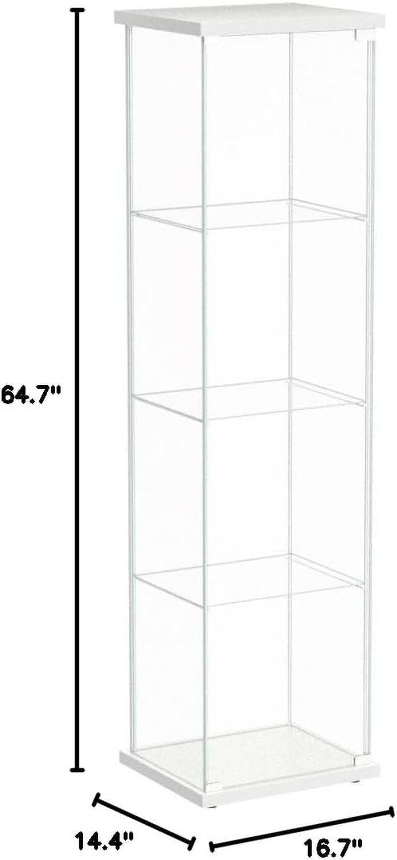 Glass Display Cabinet 4 Shelves with Light and Door, Easy to Install, Solid Tempered Glass, Floor Standing Curio Bookshelf for Living Room Bedroom Office (White)