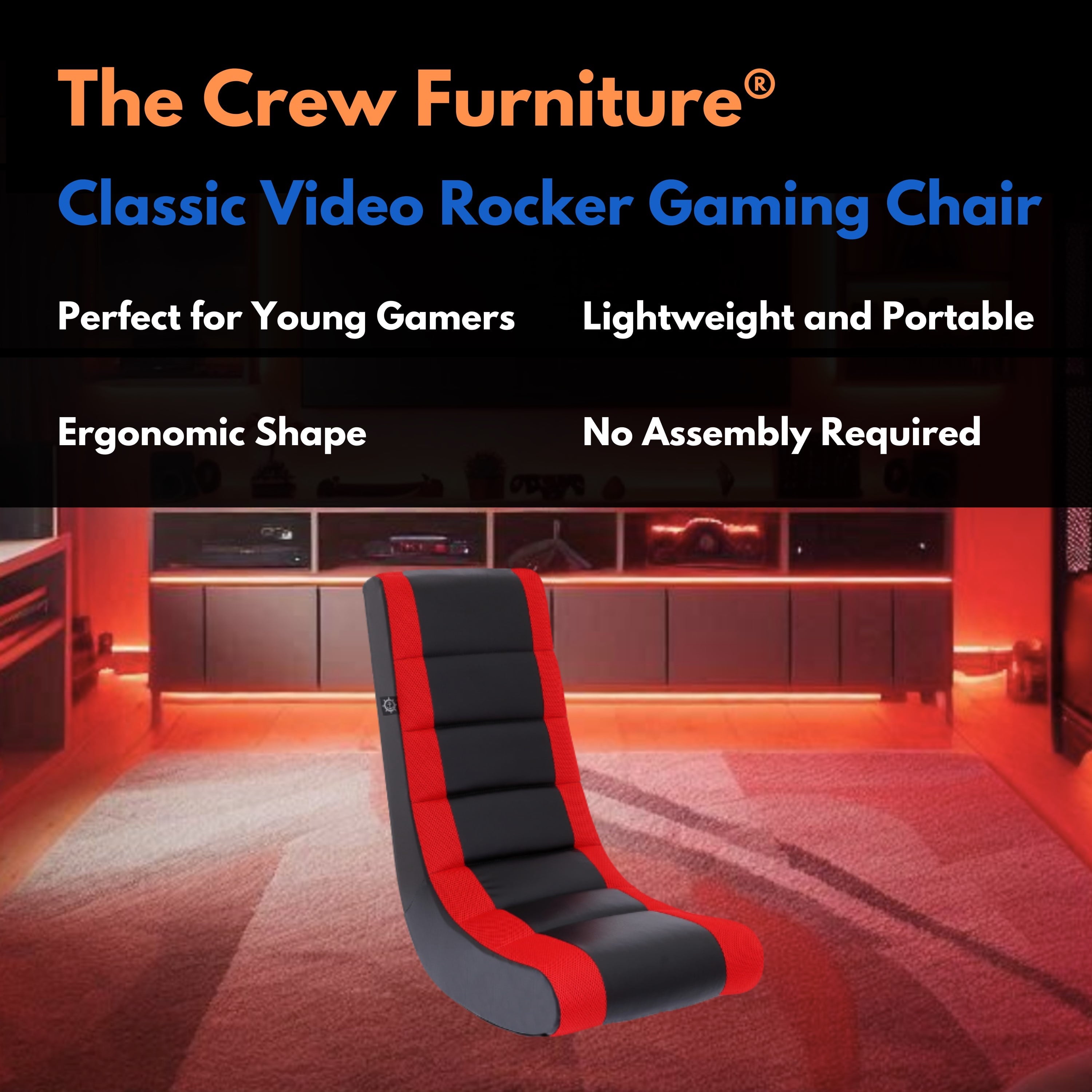 Classic Video Rocker Floor Gaming Chair, Kids and Teens, PU Faux Leather & Polyester Mesh, Black/Red
