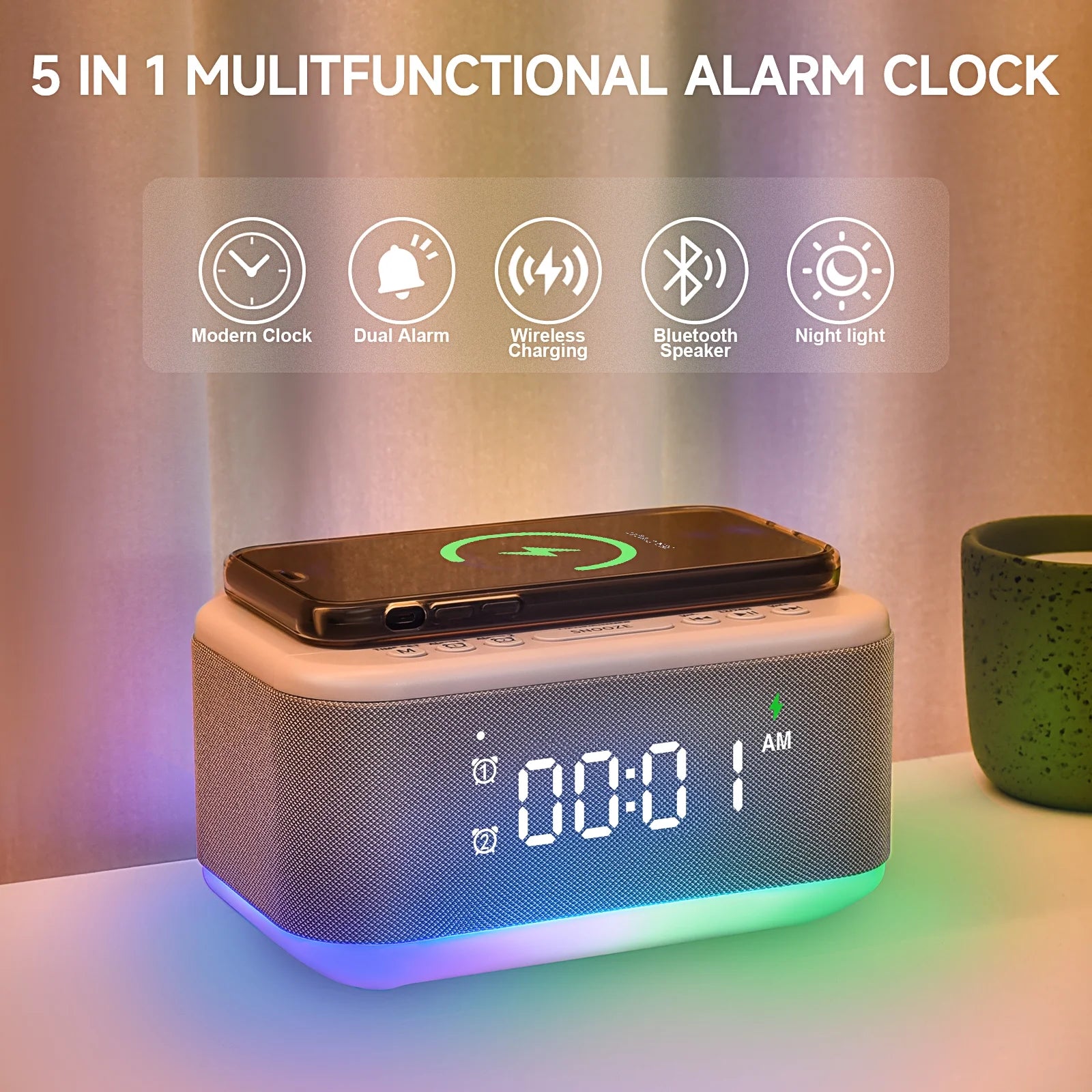 Tech Vibrating Alarm Clocks, Dimmable Digital Alarm Clocks Wireless Charger Bluetooth (Gray)