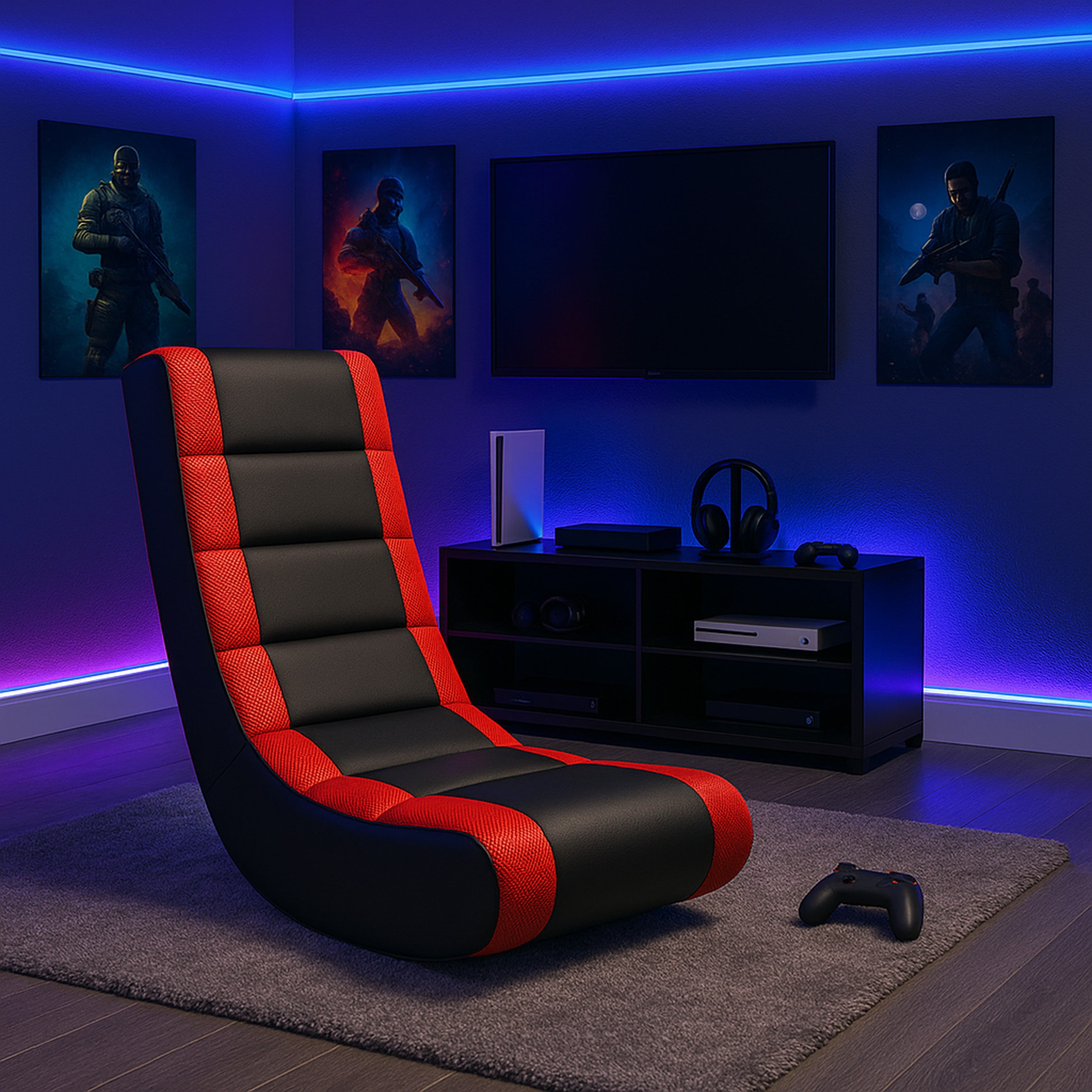 Classic Video Rocker Floor Gaming Chair, Kids and Teens, PU Faux Leather & Polyester Mesh, Black/Red