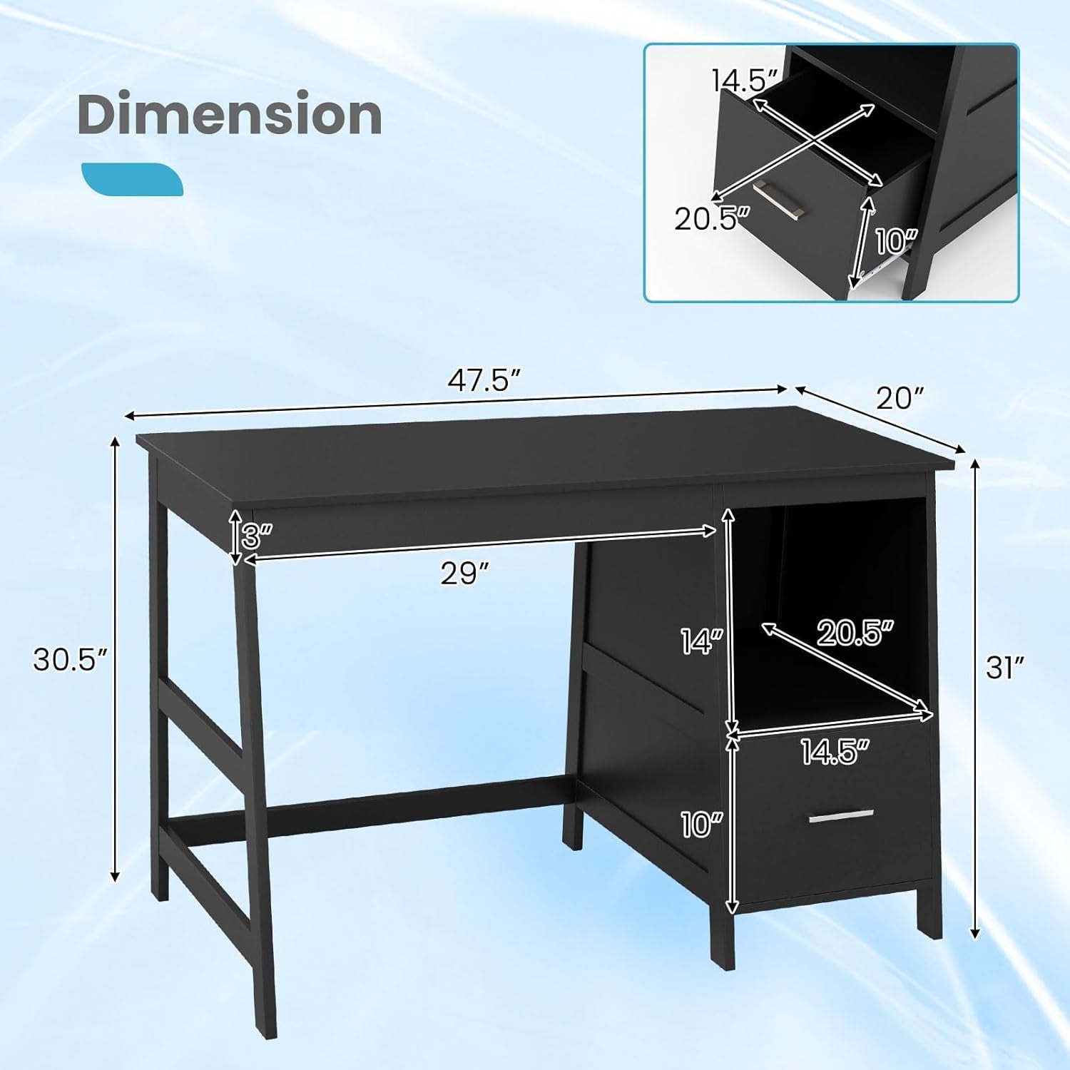 47.5” Computer Desk with 2 Storage Drawers, Small Computer Table Study Writing Desk, Modern Home Office Desk Study Desk with Storage Space (Black)