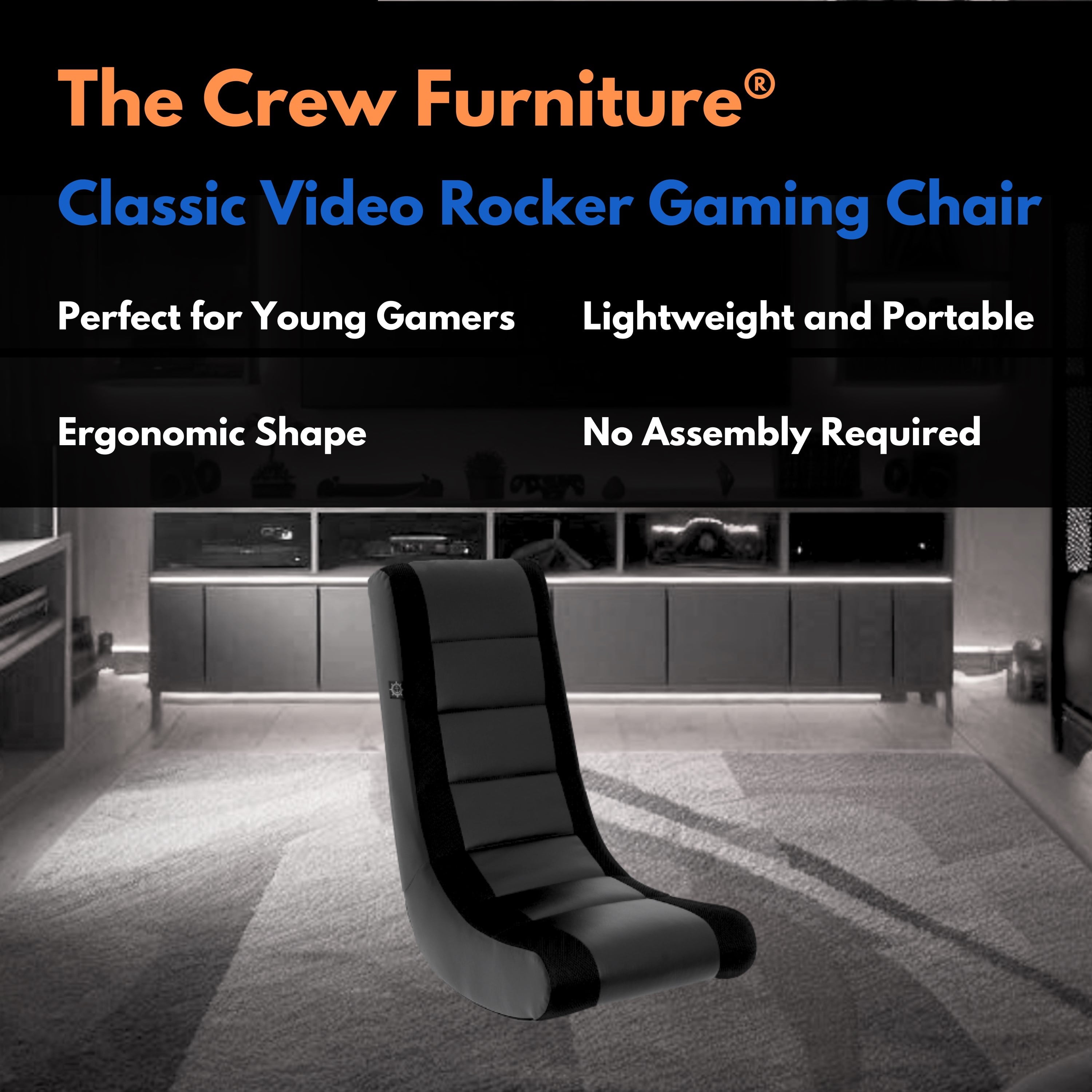 Classic Video Rocker Floor Gaming Chair, Kids and Teens, PU Faux Leather & Polyester Mesh, Black/Black
