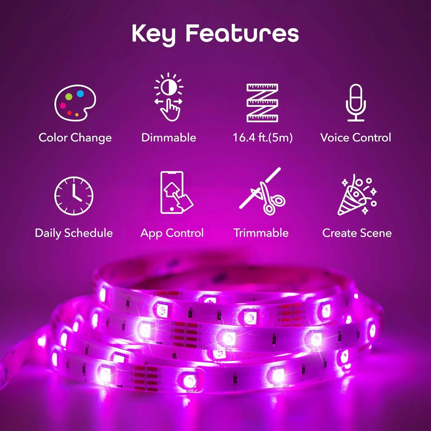 Prisma 5M Smart Wifi LED Strip Lights Works with Alexa, Google Assistant 16 Million Colors Phone App Controlled Light Strip for Home, Kitchen, TV, Party, for Ios and Android, 16.4Ft