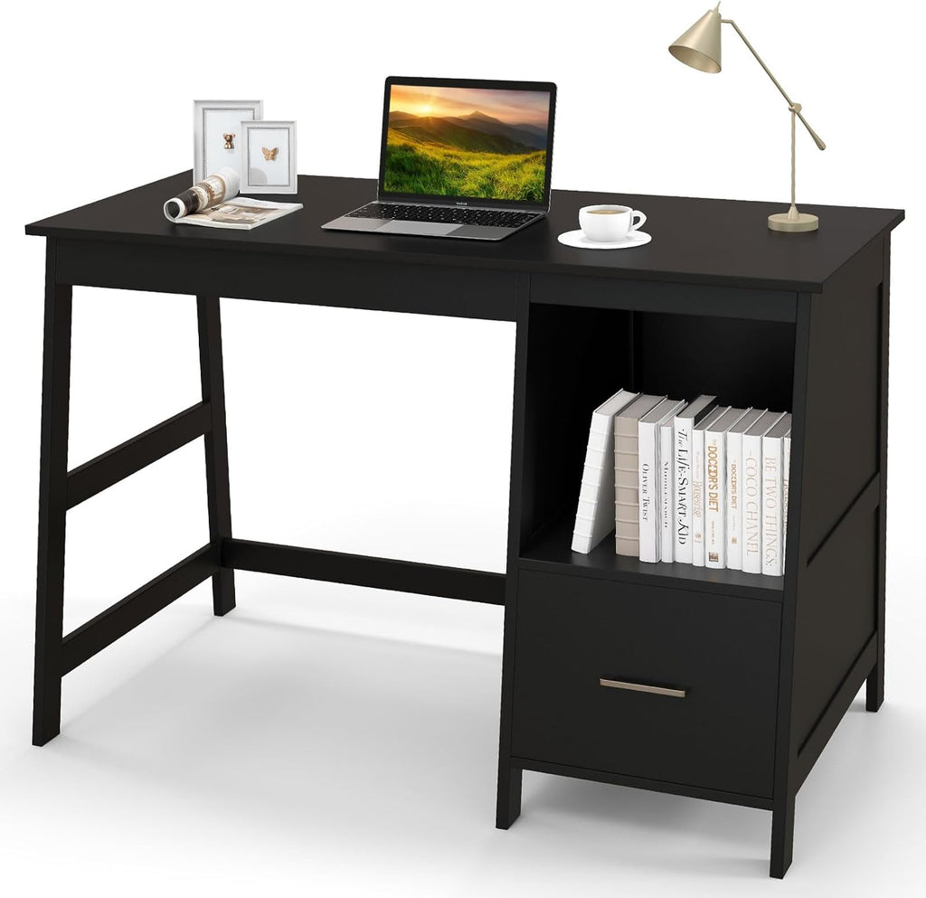 47.5” Computer Desk with 2 Storage Drawers, Small Computer Table Study Writing Desk, Modern Home Office Desk Study Desk with Storage Space (Black)