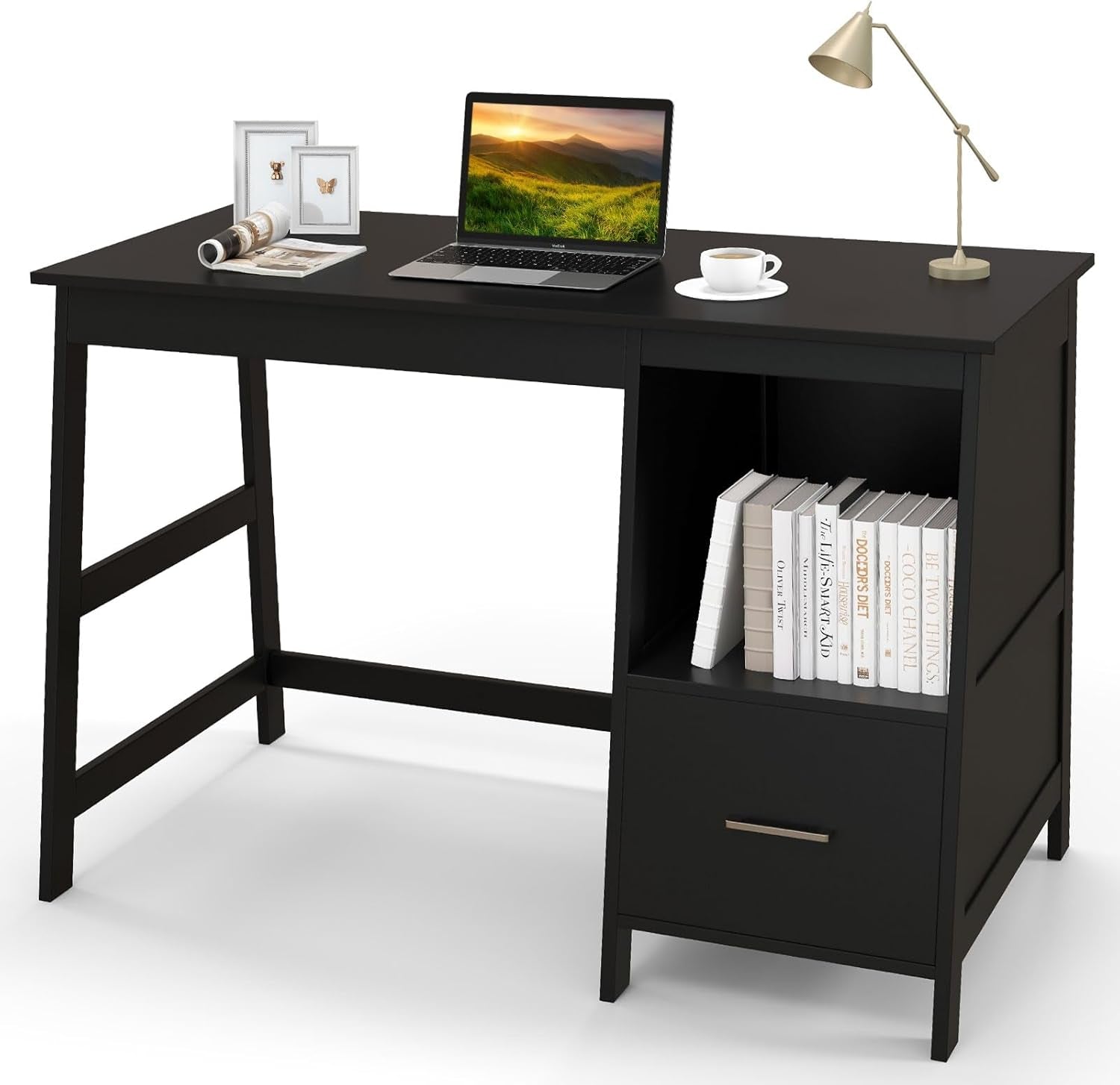 47.5” Computer Desk with 2 Storage Drawers, Small Computer Table Study Writing Desk, Modern Home Office Desk Study Desk with Storage Space (Black)