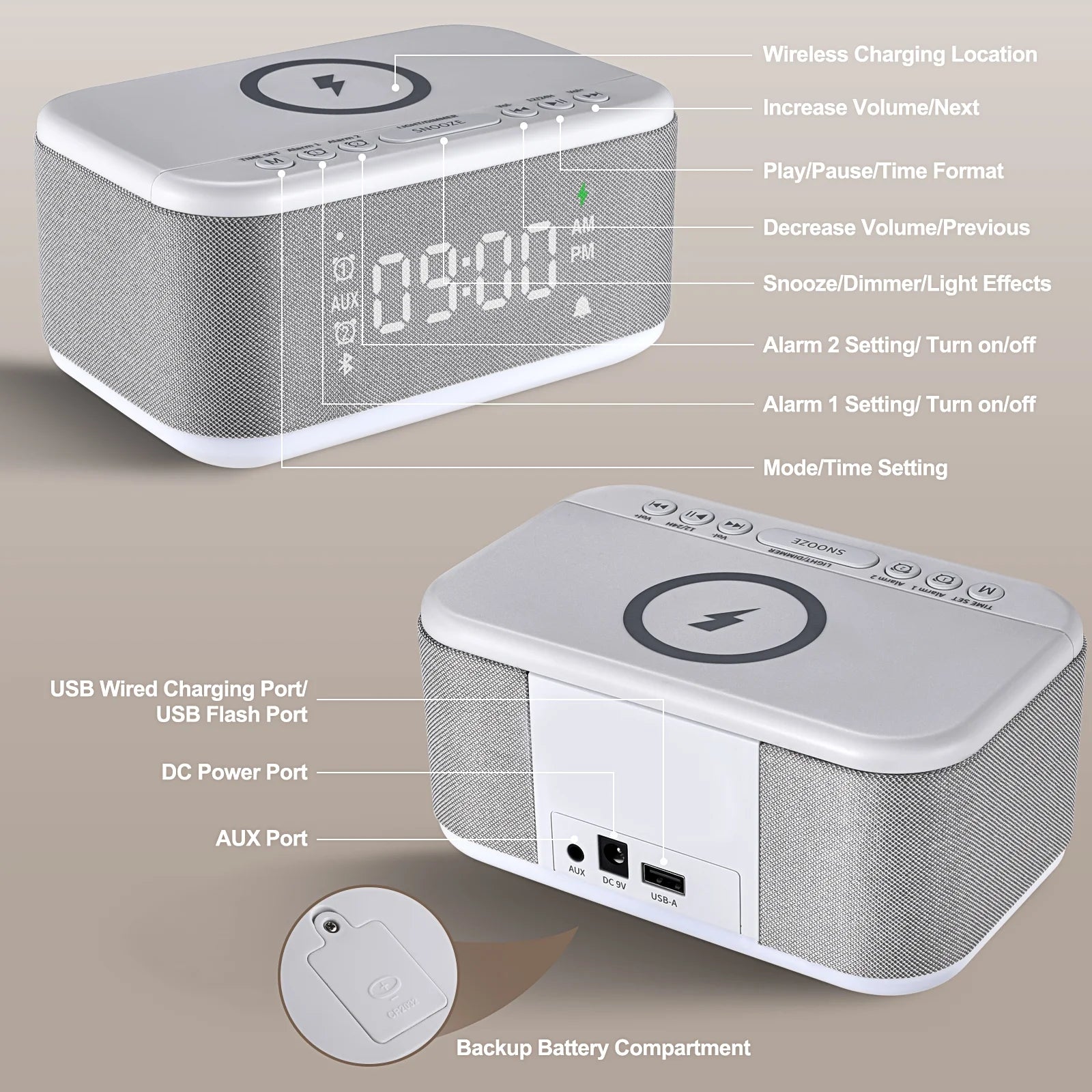 Tech Vibrating Alarm Clocks, Dimmable Digital Alarm Clocks Wireless Charger Bluetooth (Gray)