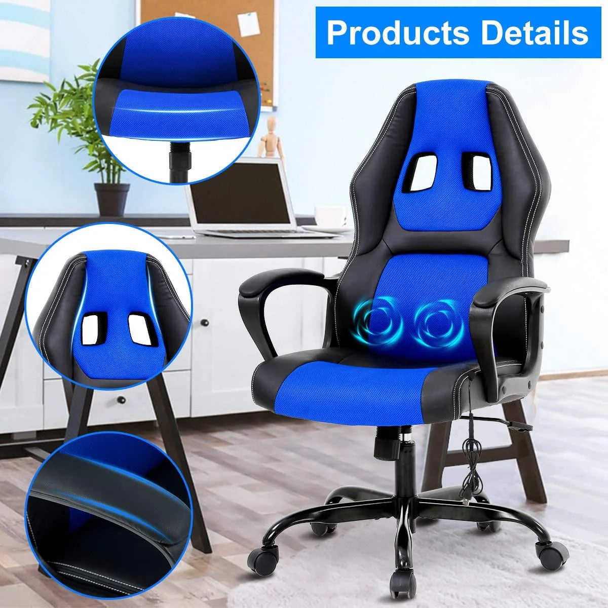 Ergonomic Gaming Chair Massage Computer Desk Chair PU Leather Office Chair Rolling Swivel Racing Chair with 360° Rolling Wheels & Lumbar Support for Teens, Blue